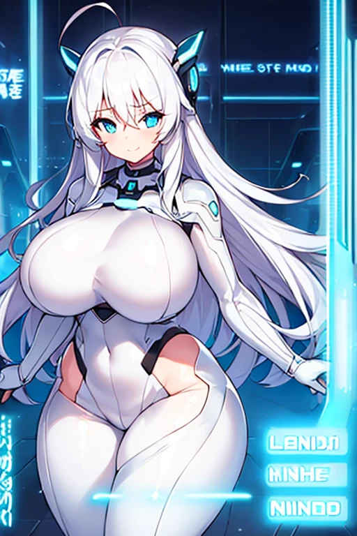 1girl, breasts, large breasts, wide hips, thick thighs, wide hips, light skin, bodysuit, white bodysuit, white hair, long hair, blue eyes, futuristic, science-fiction, tech, neon trim, neon, smile, ((anime screencap)), anime screencap, text, japanese text, white skin, blue neon trim