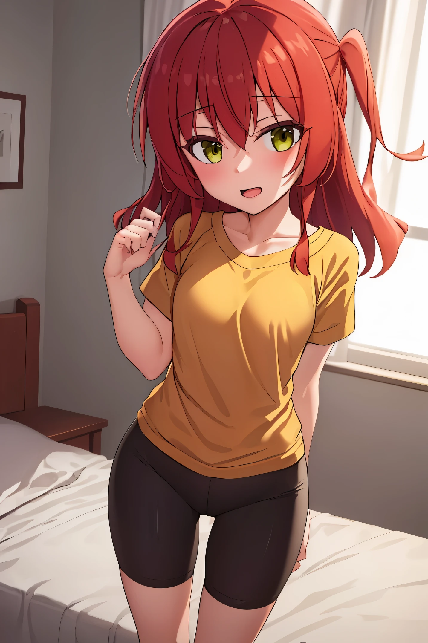 1 girl, best quality, ultra high res, long hair, red hair, green eyes, looking at viewers, small breast, standing, pov, slim body, body, small body, smile, open mouth, yellow shirt, short sleeves, bike shorts, bedroom, white bed sheets,