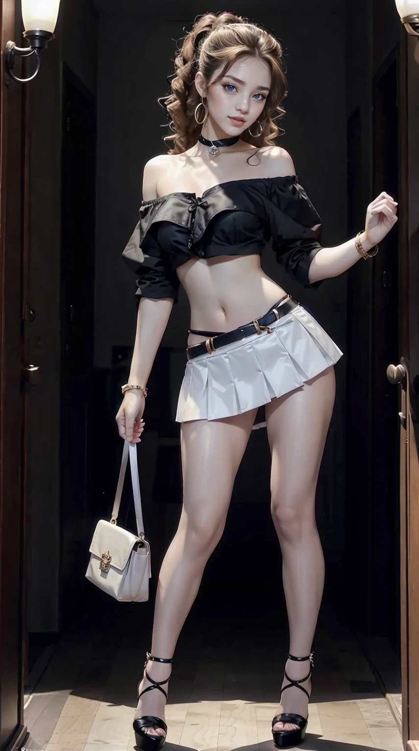 25-year-old Caucasian woman、bionde、blue eyess、Longhaire、My hair is wavy、I'm wearing eyeshadow and lipstick、accessories on the wrist、wearing a choker、Shiny skin、setting hair、a smile、slim muscular body、I don't want my head to disappear from the screen.、I'm wearing high heels、Wearing an off-shoulder top with lace、Abs are cracked、I can see the belly button、I'm wearing a mini-length pleated skirt、I'm wearing high heels、Walking down the fashion show runway