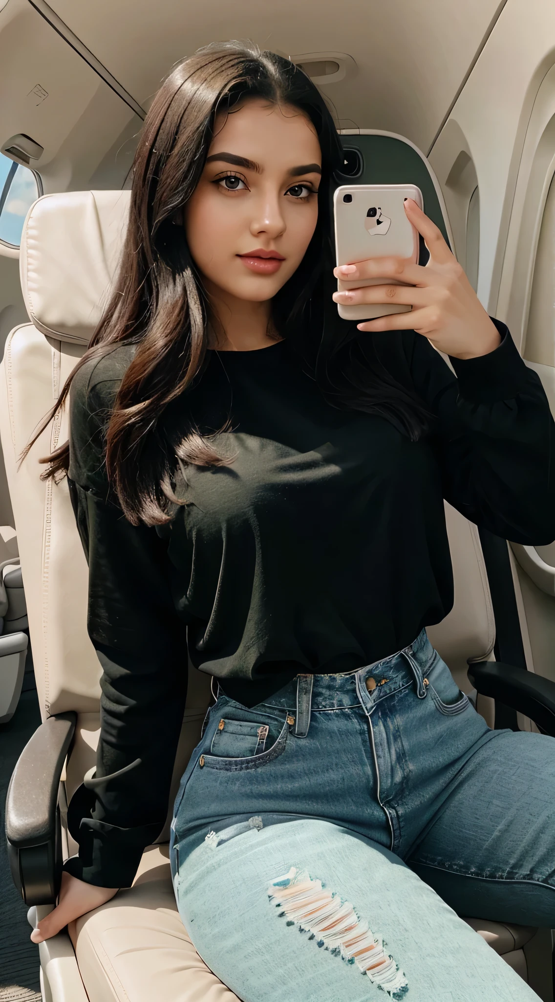 uma linda garota com um rosto angelical, Ela tem 19 anos, com longo, cabelos negros cacheados, olhos verdes, thick sago-red lips, thick sexual lips, ela usa uma blusa preta, ripped jeans, abaixo do umbigo. She is sitting in her seat inside the plane taking a selfie with her pink iPhone 7 cell phone. She has beautiful bright olhos verdes