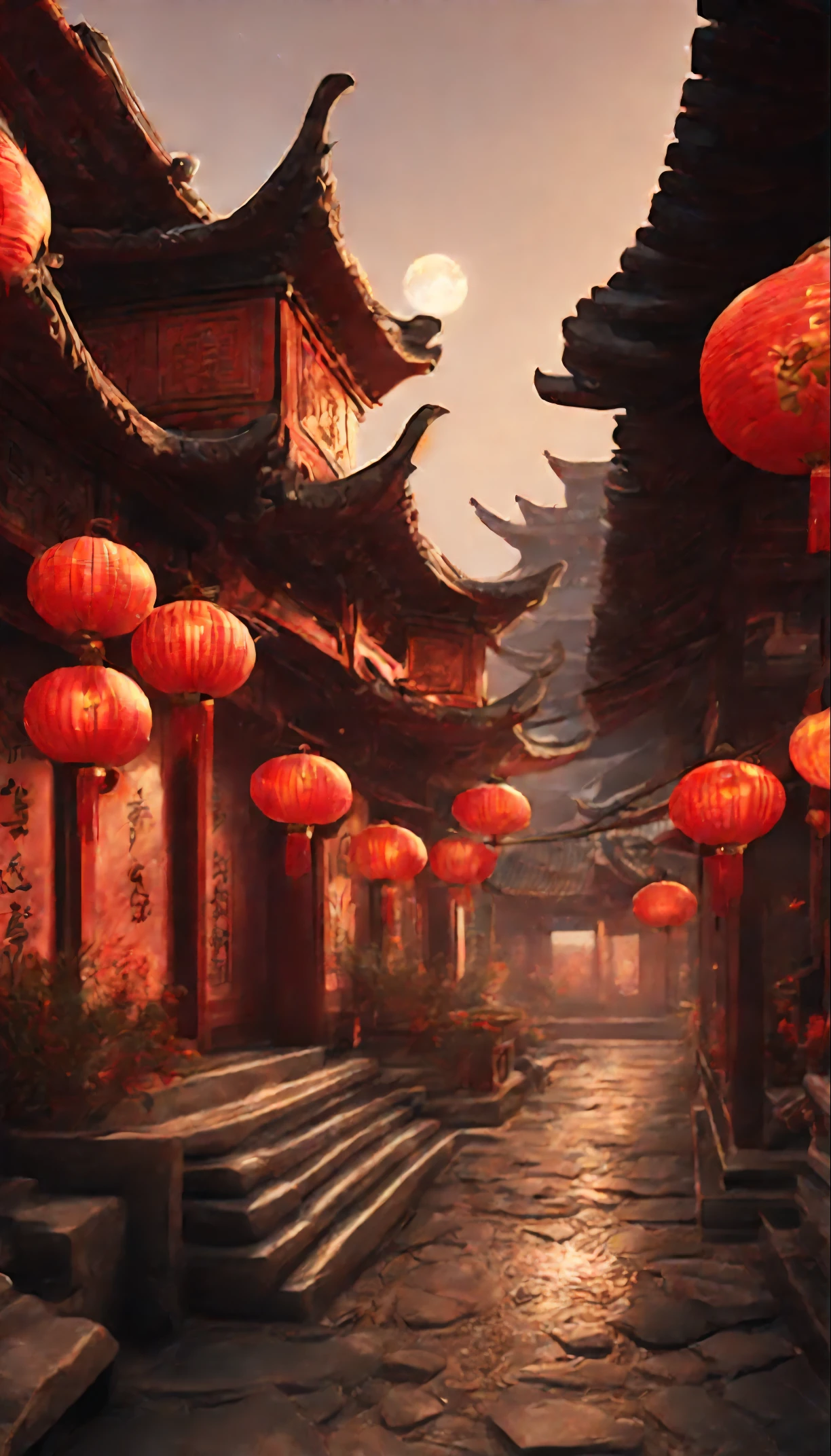 Ancient Chinese city，（（natta））themoon，The house is filled with Chinese New Year decorations（（（tmasterpiece）））， （（Best quality））， （（intricately details））， （（hyper realisitc））（8K）