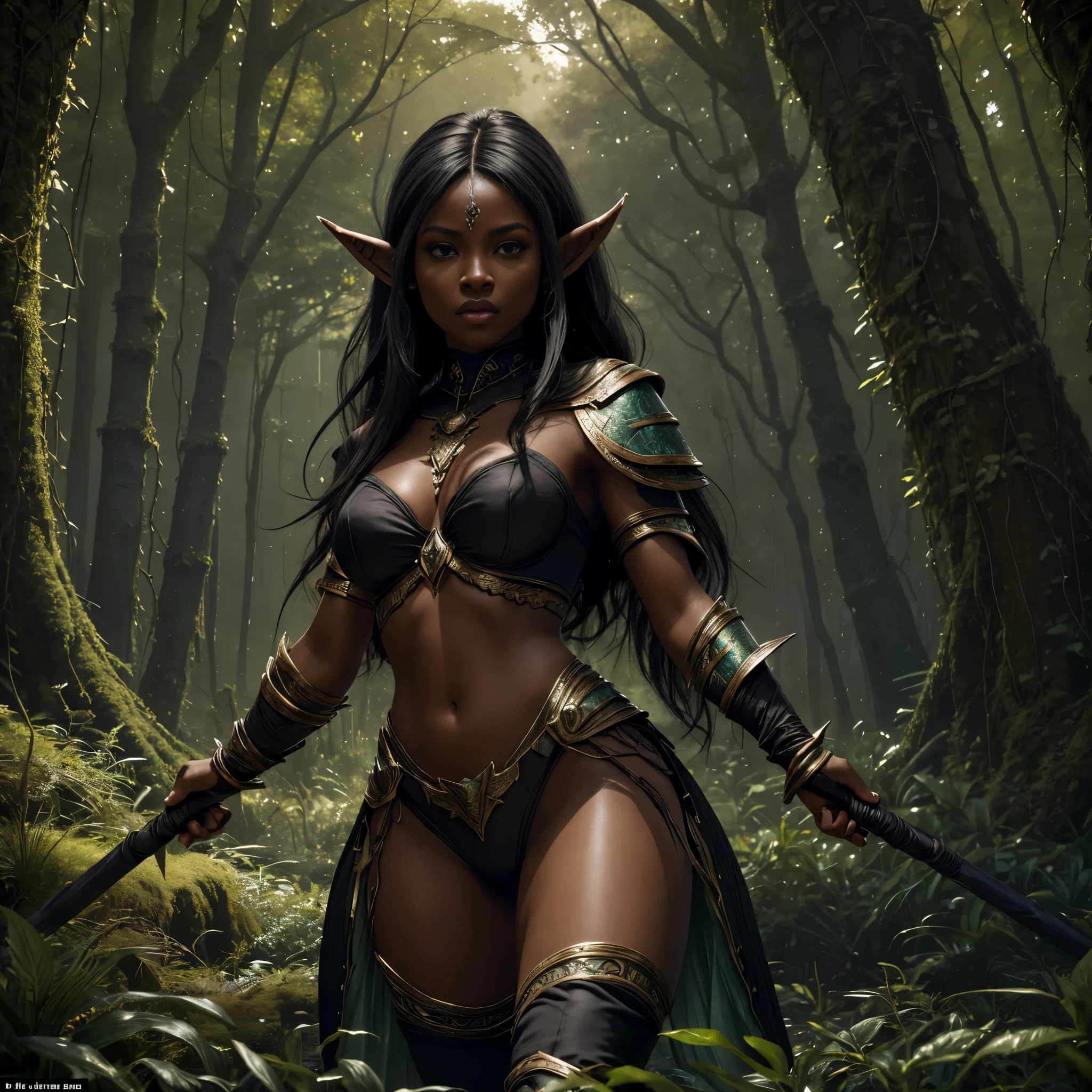 ((Quality: masterpiece, best quality, UHD, anatomically correct, photo realism, textured and detailed skin, skin pores, skin imperfections, textured and detailed hair, volumetric lighting, hyper realistic and detailed background)), whimsical and creative artist woman with a palette of vibrant colors, (((black elf, black woman, African elf, dark skin,))) woodland warrior elf, furrowed brow, spear weapon, forest, plants and trees, vine and leaf (((armor)))