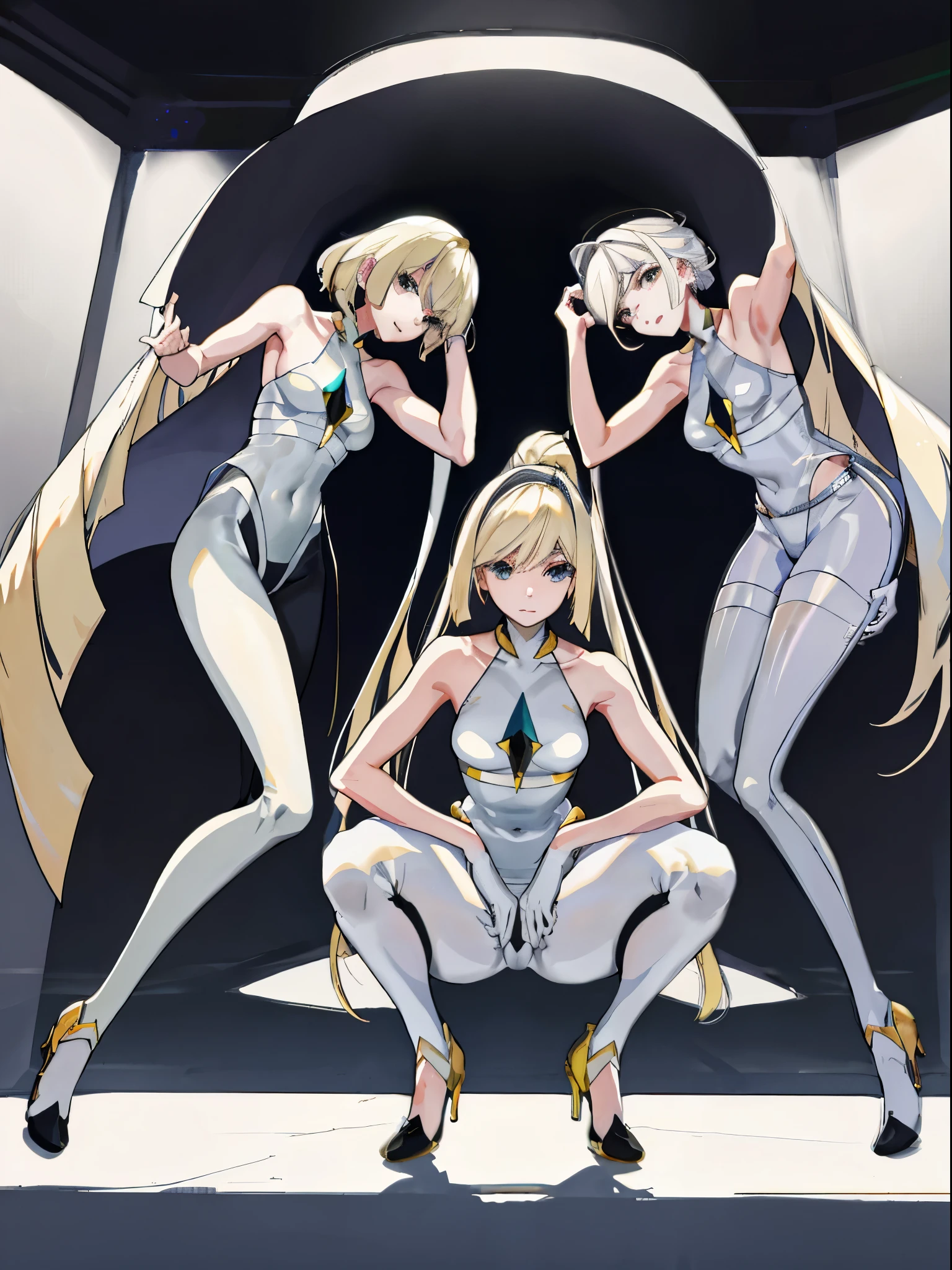 top-quality、realistic touch,high-detail、photoRealstic、thin-waist、captive beauty、solid platinum-blonde eyelashes、platinum-blonde、full body Esbian、cheeks flushed、thin-waist、In a white room、She is in estrus、Sleeveless、Bodysuit with minimal fabric area、Colossal tits、big butts、Angle from below、A pose where you squat with your legs apart and put your hands behind your head.、camel toe、high-heels、Provocative facial expressions