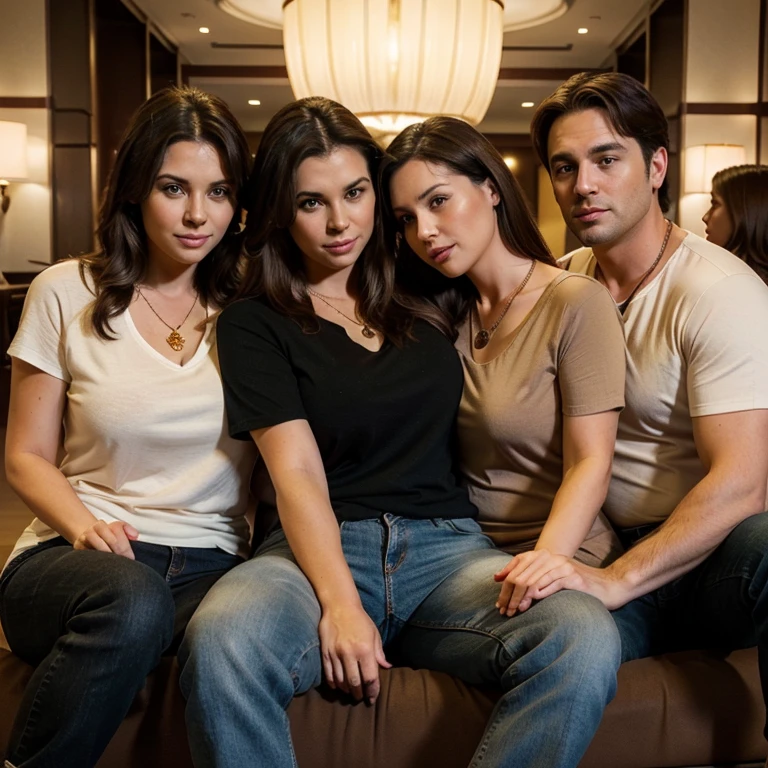 Cuckold chubby white hotwife, brown hair, with jeans and black t-shirt, 4men 1woman, golden necklace, tall horny Big 4men, romantic,1man hugging her, other man touching her, sitting on hotel lobby sofa, illustrations, ultra-detailed, realistic, vivid colors, full body picture, warm tones, soft lighting