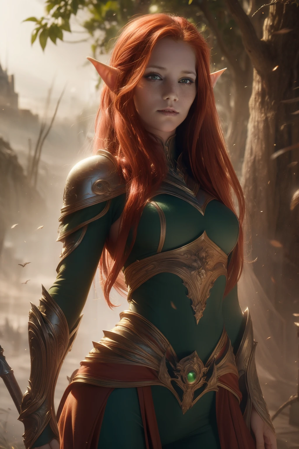 Fantasy, medieval, ((best quality)), ((masterpiece)), (detailed), perfect face, beautiful sexy elf, standing, heroic pose, redhead, big eyes, green eyes, black eyeliner, freckles, laurel crown, elven armor, skin tight, cameltoe, outdoors, gloomy forest, battlefield