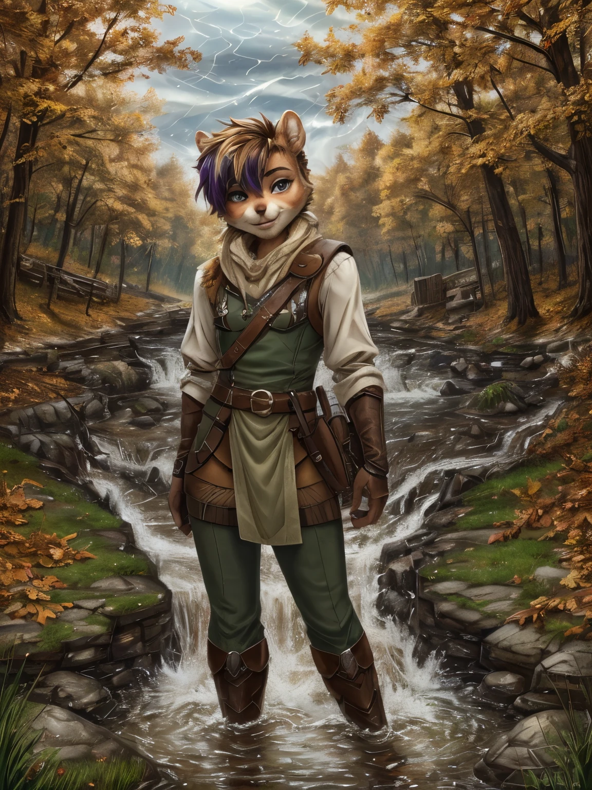 (masterpiece, best quality:1.3), androgynous Chipmunk, tight beard, cute face, holding a sword, stopping by a stream, green adventurer clothes, style of Autumn-Storm McFaul