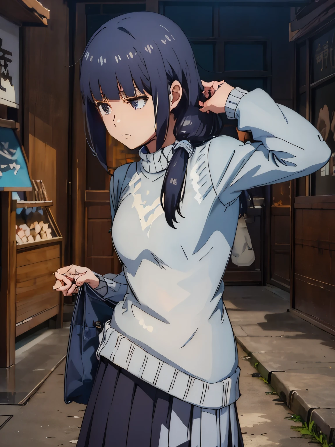 ((( masterpiece ))) Background : ( outdoor theme, shop, crowded, best quality, highly detailed ). Character ; ( 1girl, Misuzu Gundou, serious face, oversized sweater and dark blue skirt, fit body, small breast, tied low ponytail hair)