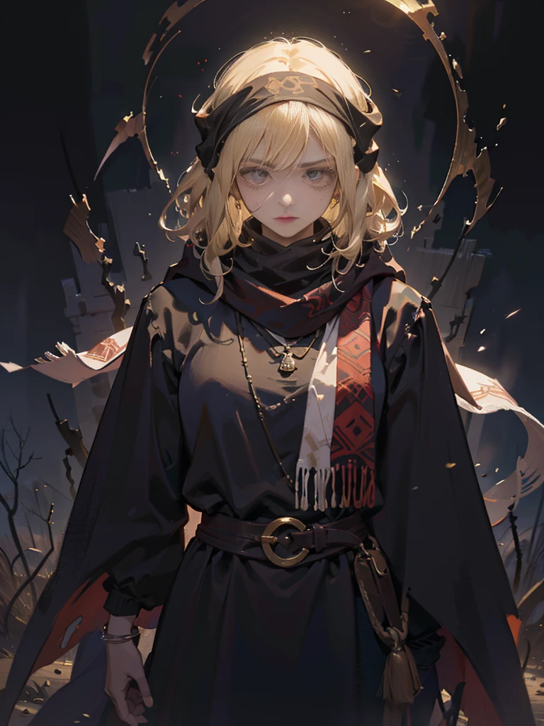 (absurdres, octane render, extremely detailed CG unity 8k, intricate, atmospheric, solo :1.3), splash art, beauty adult woman, solo, finely detailed eyes and detailed face, solo, upper body, detailed complex background, (dark fantasy theme:1.1), (perfect anatomy, perfect hands) ((character's jrpg portrait, face focus, dynamic pose, cinematic angle)), dnd, dungeon and dragons, warlock, dim lighting, dreamy, cursed aura, tired ,smirking (detachment, indifference), hikikomori, russian witch who knows death, tarot hermit, (floating in the air), hunched over ((oversize layered clothes, shawl, a scarf over hair, ,(a cloth covering the head, scarf-covered hair, :1.3) blonde hair, fluffy shaggy hair, cape, large modest clothes)) (large hood), feeble thin witch, wild witch from the jungle,horror vibes, creepy girl, nightmare vibes, sorrow, apathy, night jungle forest, high-set eyebrows, night jungle forest, ancient ruined sanctuary in the background, dense fog, backwoods,, frightening charm, weird, windy, wrapped in clothes, bewitching, otherworldly, an antagonist, human, Poor old clothes, fantasy bum, shaman, ascetic, unsociable, bags under the eyes, immortal,Occultism, the cultist, style by NTY,WitchcraftPunkAI,frightening relaxation) holding straight wood staff, covered chest, closed baggy clothes, athmospheric, ((black lips, )) black veins around the mouth, narrow long lips, red color of the iris, large scarf, Witches from Resident Evil Village, Dimitrescu Daughters, darkest background, swirls and hallucinations in the background, beige and brown shades of clothing
