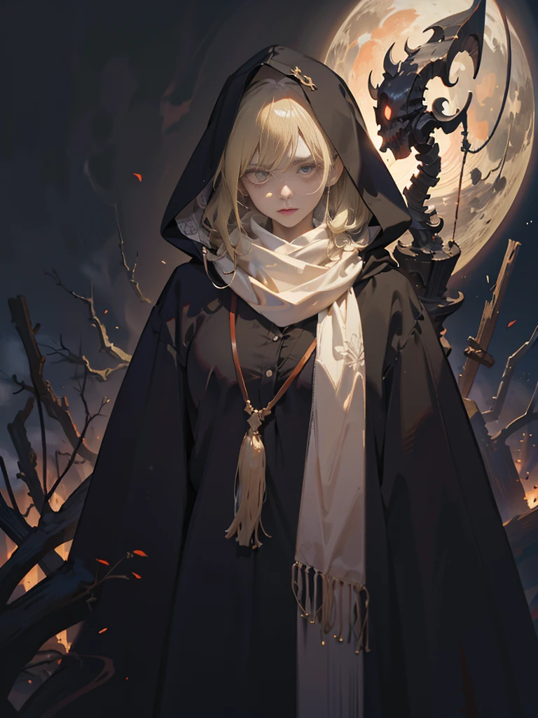 (absurdres, octane render, extremely detailed CG unity 8k, intricate, atmospheric, solo :1.3), splash art, beauty adult woman, solo, finely detailed eyes and detailed face, solo, upper body, detailed complex background, (dark fantasy theme:1.1), (perfect anatomy, perfect hands) ((character's jrpg portrait, face focus, dynamic pose, cinematic angle)), dnd, dungeon and dragons, warlock, dim lighting, dreamy, cursed aura, tired ,smirking (detachment, indifference), hikikomori, russian witch who knows death, tarot hermit, (floating in the air), hunched over ((oversize layered clothes, shawl, a scarf over hair, ,(a cloth covering the head, scarf-covered hair, :1.3) blonde hair, fluffy shaggy hair, cape, large modest clothes)) (large hood), feeble thin witch, wild witch from the jungle,horror vibes, creepy girl, nightmare vibes, sorrow, apathy, night jungle forest, high-set eyebrows, night jungle forest, ancient ruined sanctuary in the background, dense fog, backwoods,, frightening charm, weird, windy, wrapped in clothes, bewitching, otherworldly, an antagonist, human, Poor old clothes, fantasy bum, shaman, ascetic, unsociable, bags under the eyes, immortal,Occultism, the cultist, style by NTY,WitchcraftPunkAI,frightening relaxation) holding straight wood staff, covered chest, closed baggy clothes, athmospheric, ((black lips, )) black veins around the mouth, narrow long lips, red color of the iris, large scarf, Witches from Resident Evil Village, Dimitrescu Daughters, darkest background, swirls and hallucinations in the background, beige and brown shades of clothing