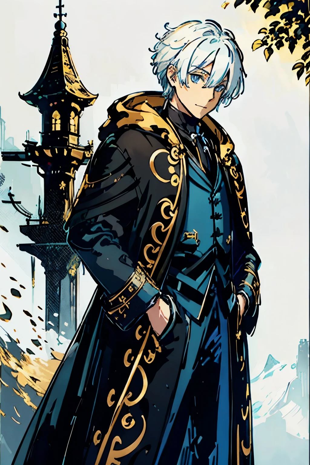 1boy, detailed backgroud, ((white hair)), ((blue eyes)), whith a ((black and gold)) overcoat clothes, staring the camera, medieval black clotes, smiling.