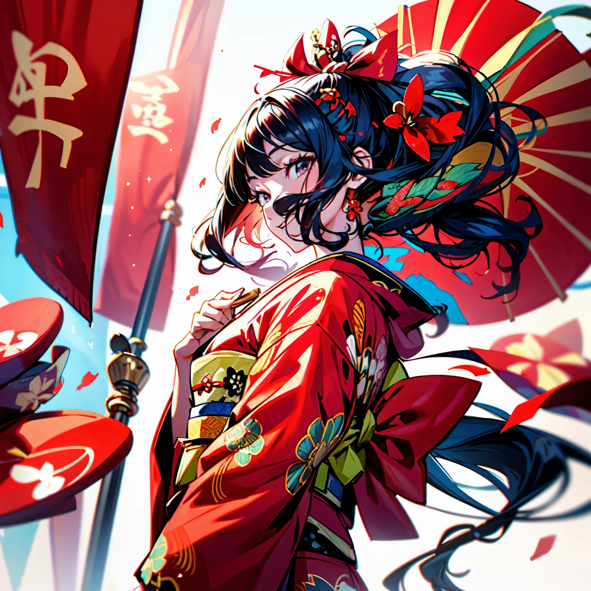 A smiling girl wearing a red kimono came to celebrate the New Year、hair is long、is fluttering in the wind、red team、The background is sparkly、delicate work、Colorful depictions