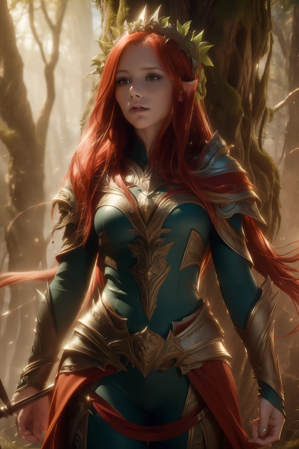 Fantasy, medieval, ((best quality)), ((masterpiece)), (detailed), perfect face, beautiful sexy elf, standing, heroic pose, redhead, big eyes, green eyes, black eyeliner, freckles, laurel crown, elven armor, skin tight, cameltoe, outdoors, gloomy forest, battlefield