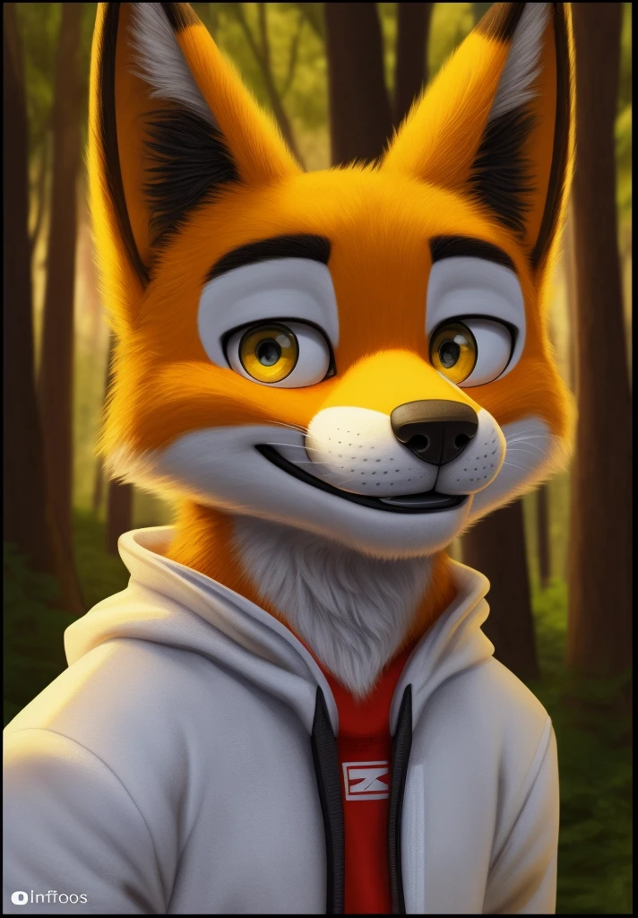 (Foxtomas:1.1),(looking at the viewer:1.1),(with a very cool smile:1.1),(realistic background:1.1),(forest:1.1),(golden angel wings:1.1),(wearing your default outfit:1.1),(the same one that records videos for your tiktok:1.1)