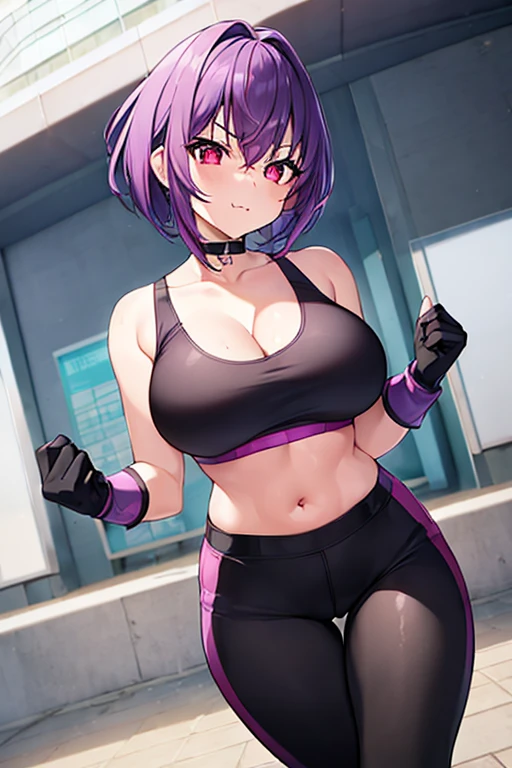 1girl, purple hair, short hair, breasts, large breasts, wide hips, sportswear, sports bra, black pants, gloves, red eyes, serious, glowing eyes, black sports bra, black pants, fang, fang out, skin fang, anime_screencap, ((anime screencap)), anime style
