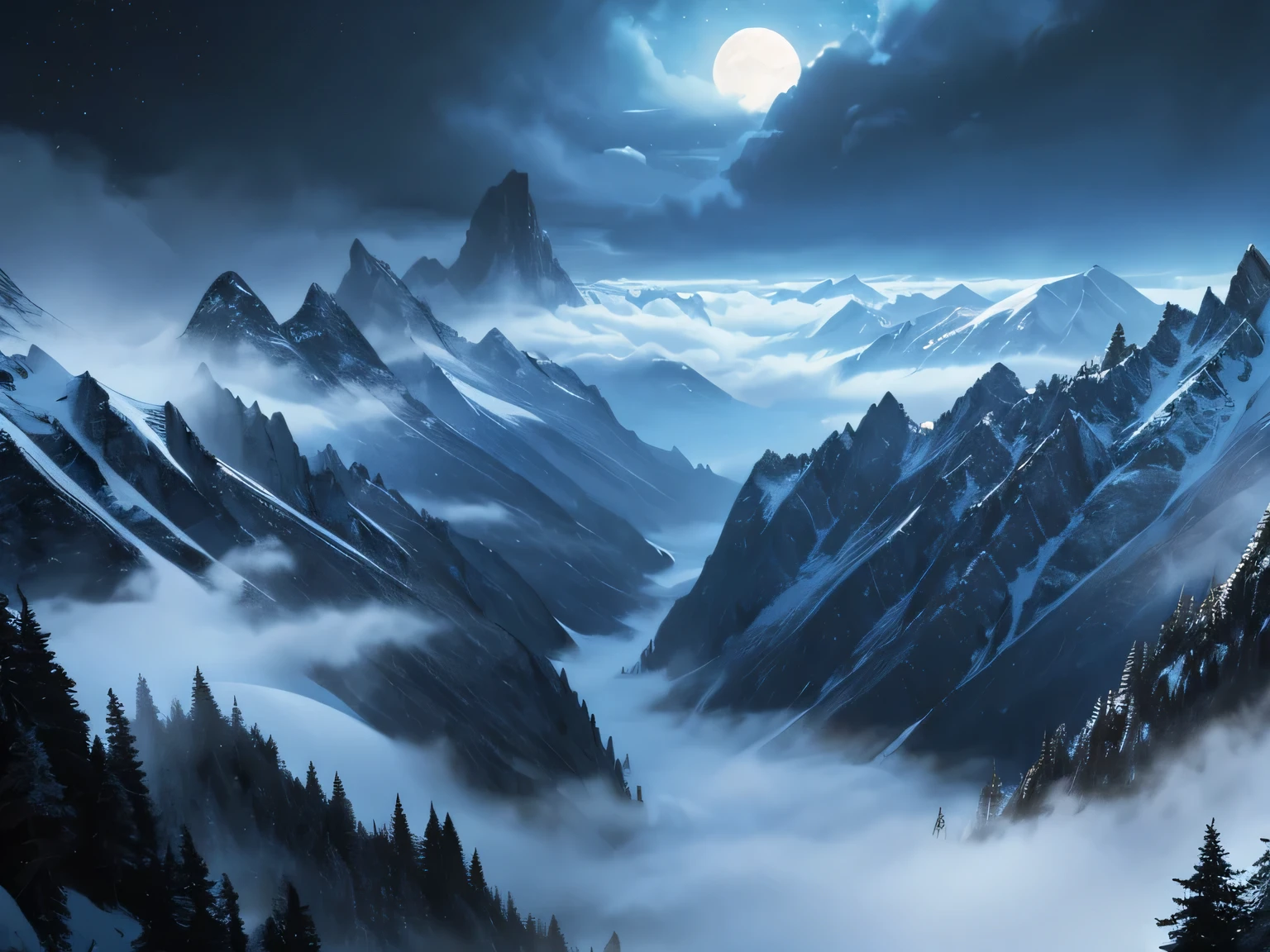 abyss in the mountains, snowstorm, mist, ominous vibe, the night, Overhead view