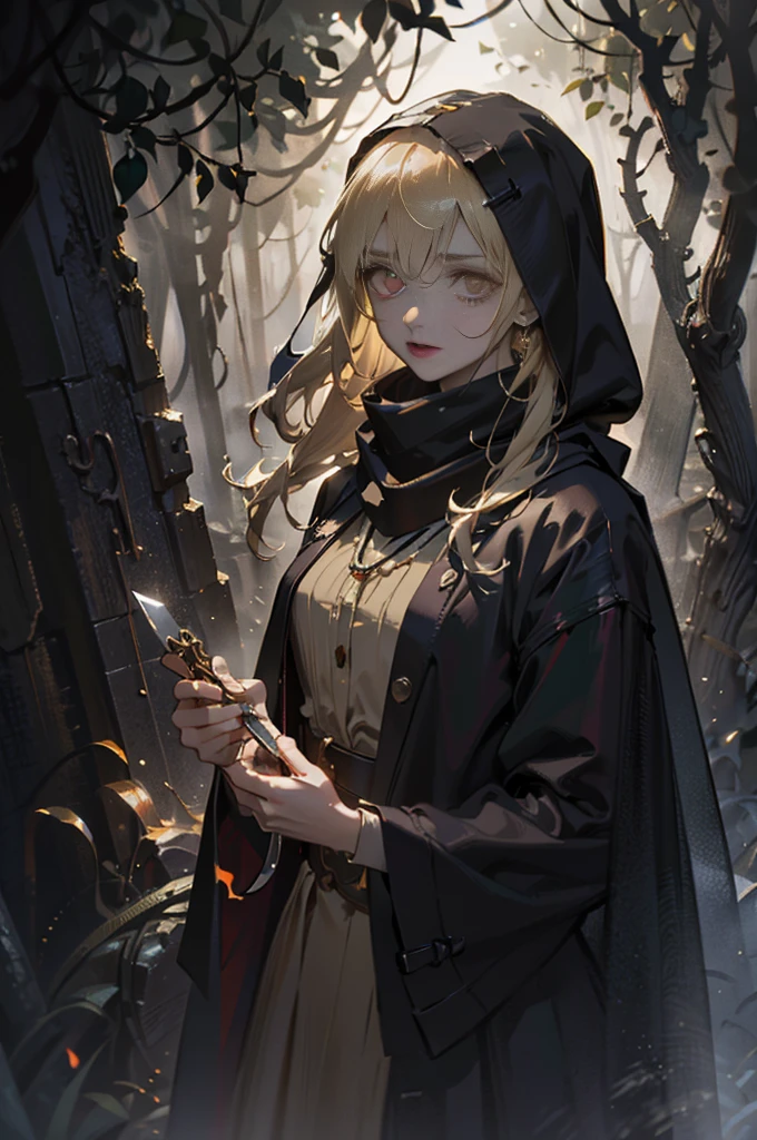 (absurdres, octane render, extremely detailed CG unity 8k, intricate, atmospheric, solo  :1.4),  beauty adult woman, solo,  finely detailed eyes and detailed face, solo, upper body, complex background,  (dark fantasy theme:1.1), (perfect anatomy, perfect hands) (splash art, character's jrpg portrait, face focus,epic dynamic pose, cinematic angle :1.2),  dnd, dungeon and dragons, warlock,  dim lighting, tired ,smirking (detachment, indifference) russian witch who knows death, tarot hermit, (floating in the air), hunched over ((oversize layered clothes, shawl, a scarf over hair)), ,(a cloth covering the head, scarf-covered hair, :1.3) (blonde hair, fluffy shaggy hair, cape, large modest clothes) (large hood), feeble thin witch, creepy girl, nightmare vibes, apathy, night jungle forest,  night jungle forest, ancient ruined sanctuary in the background, dense fog, backwoods,, windy,  bewitching, otherworldly, human, Poor old clothes,shaman, ascetic, bags under the eyes, red pupils,  cultist,   style by NTY, WitchcraftPunkAI,  He holds a ritual knife in his hands,, covered chest, closed baggy clothes, athmospheric,  (((black lips,  ))) black veins around the mouth, narrow long lips, red color of the iris, large scarf, Witches from Resident Evil Village, Dimitrescu Daughters,  beige and brown shades of clothing, darkest background, swirls and hallucinations in the background, (cursed aura, dark magic of olive color with black radiance, black and yellow streams of filth, performs a bloody ritual,  black ephemeral particles) a long thin face,a cold look,  bruh face,