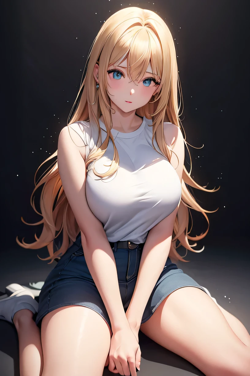 (best quality:1.5, highres, UHD, 4K, detailed lighting, shaders), gold wavy hair, gradient hair, large breasts, white shirt, skirt jeans, mature woman , (pov), white background, colorful eyeshadow, dramatic lighting, sparkling eyes, sensual expression, golden earrings, flowing hair, delicate facial features, soft skin, high cheekbones, urban setting, white background, sitting on a char with legs wide open),