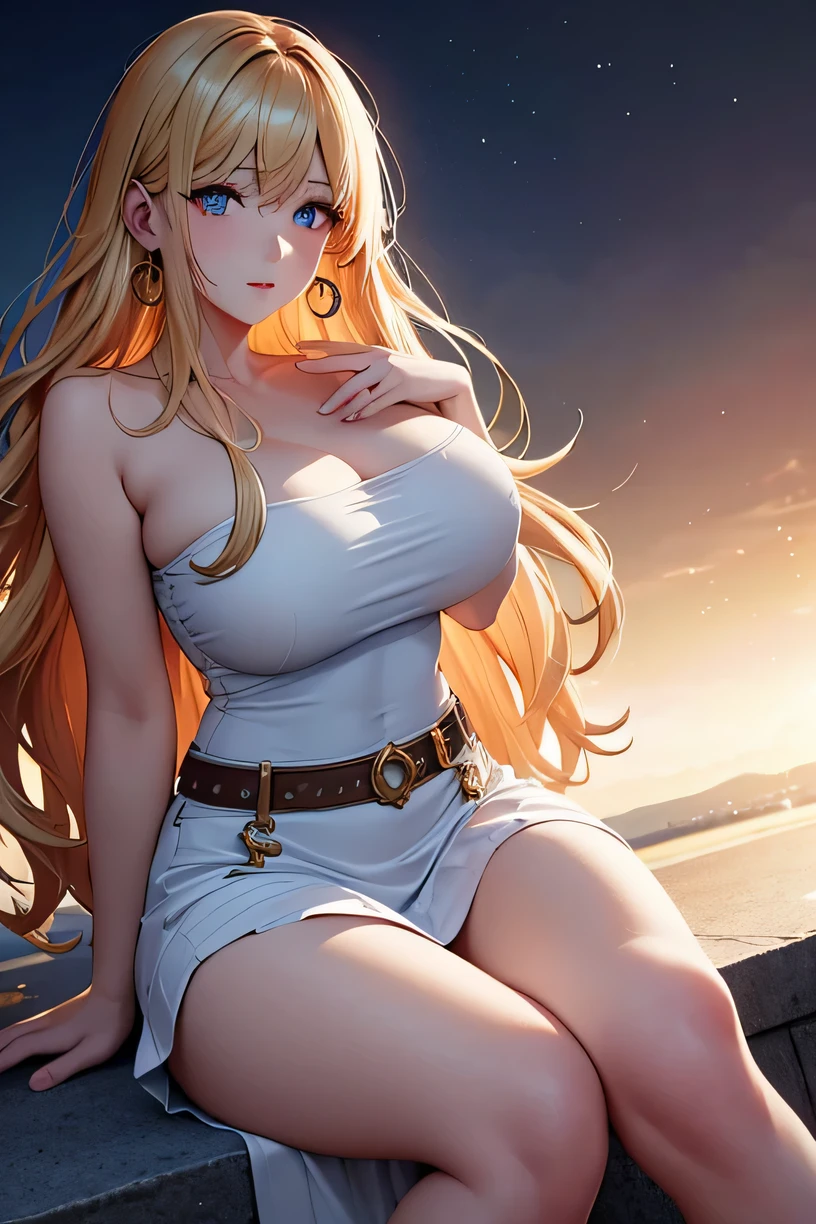 (best quality:1.5, highres, UHD, 4K, detailed lighting, shaders), gold wavy hair, gradient hair, large breasts, white shirt, skirt jeans, mature woman , (pov), white background, colorful eyeshadow, dramatic lighting, sparkling eyes, sensual expression, golden earrings, flowing hair, delicate facial features, soft skin, high cheekbones, urban setting, white background, sitting on a char with legs wide open),