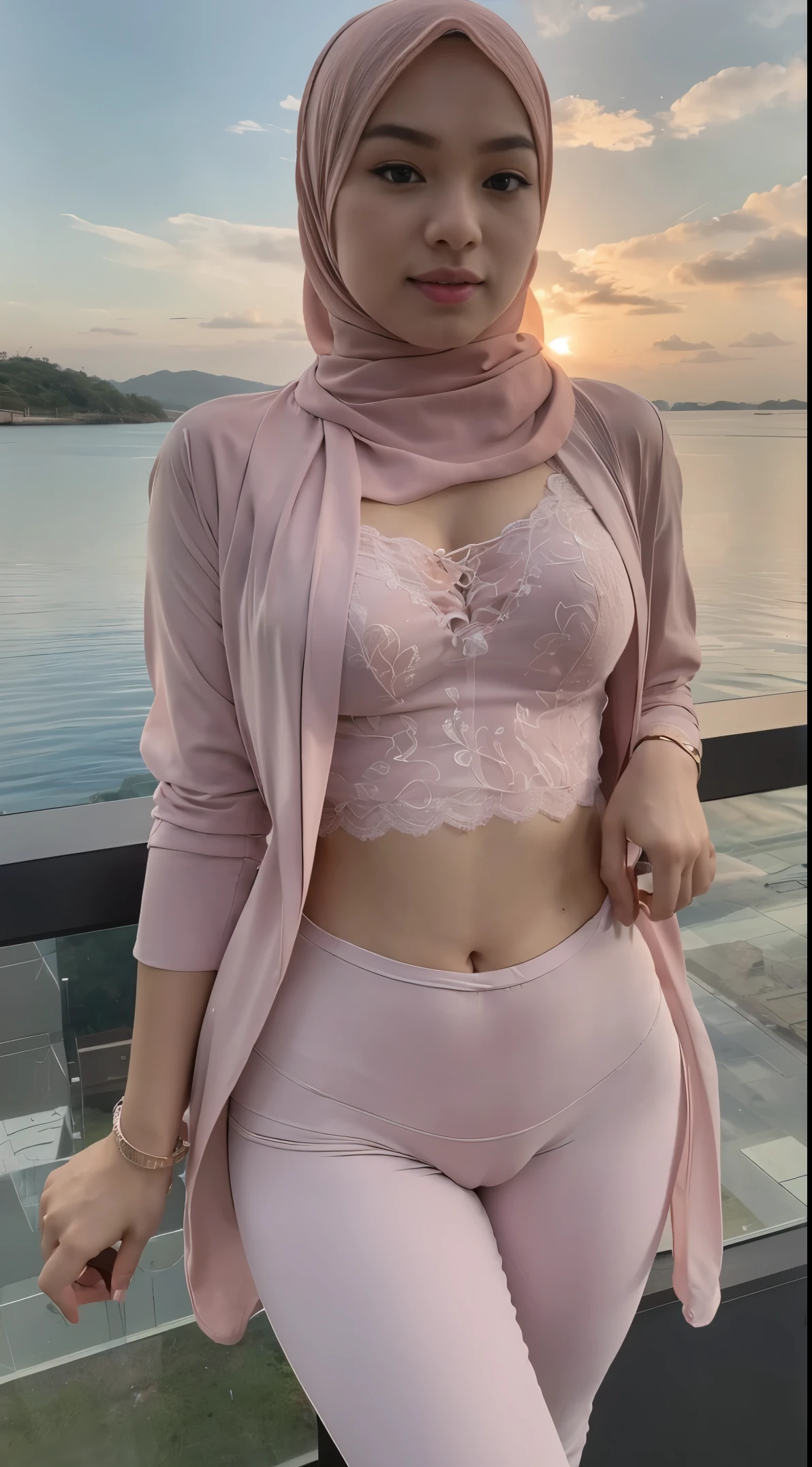 malay sexy seducing pose, sunrise,waterfall view, mira filzah:1.9), wearing hijab, pastel color hijab, unbutton jacket see a lace bra and pastel long gym outfit, small tits, small breast, flat chest, wide waist, thick thighs, bright lighting, plum cameltoe, wet cameltoe, wet, high quality, detail face, 16k, ray lighting,