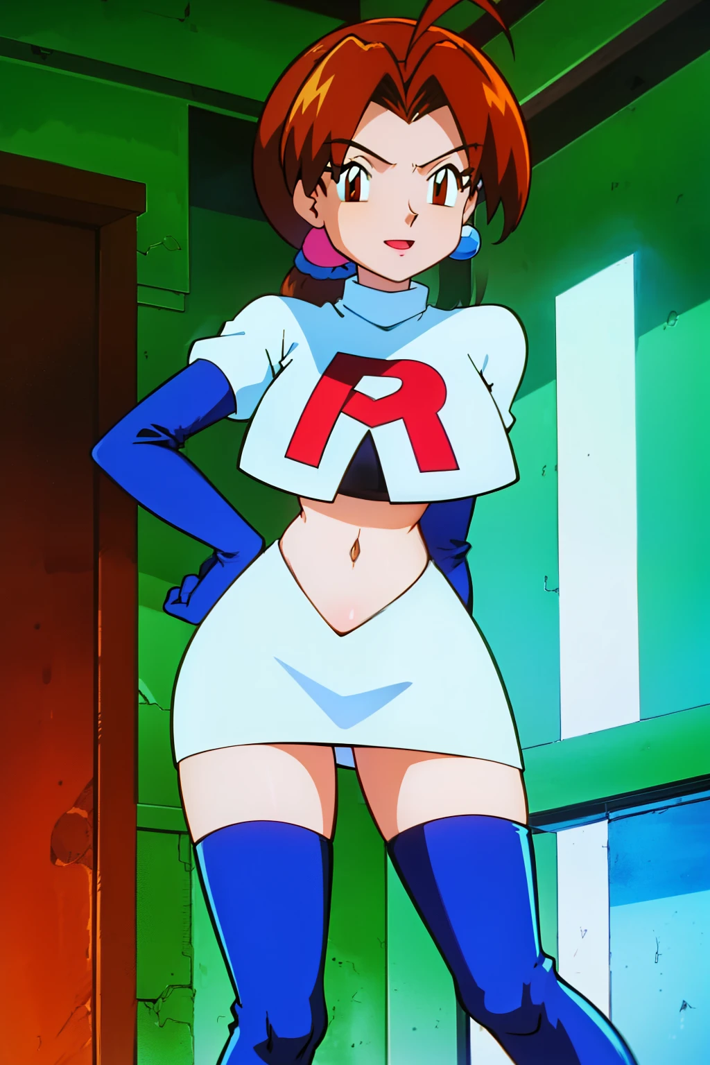 deliaketchum, gentle eyes ,brown hair, (brown eyes:1.7), parted bangs, (ahoge:1.5), ponytail, low ponytail, glossy lips, light makeup, eye shadow, earrings ,team rocket,team rocket uniform, red letter R, white skirt,white crop top,black thigh-high boots, black elbow gloves, evil smile, sexy poses