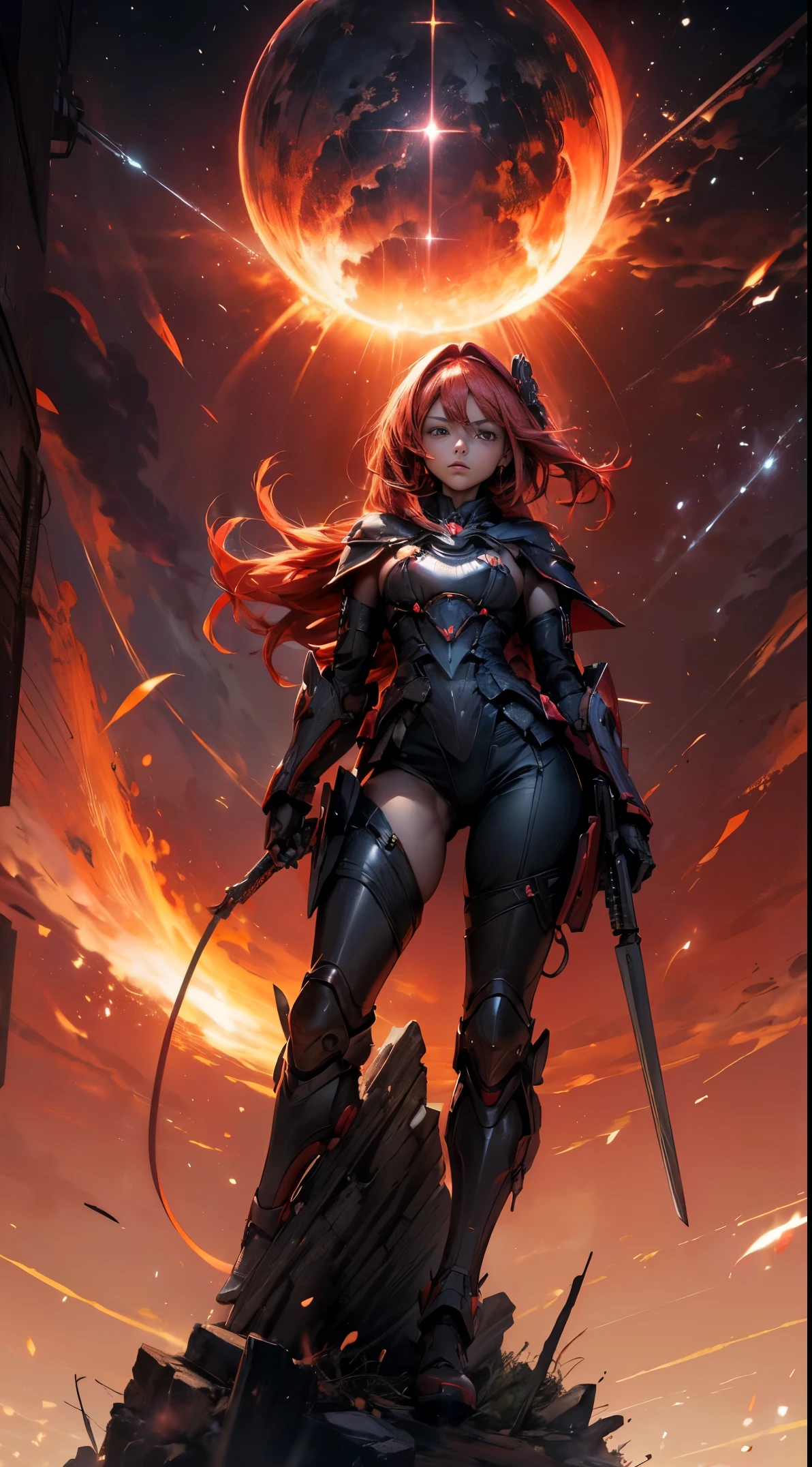 (Masutepiece,extremadamente detallado, Mechas pesadas, superficie dura),(Arte conceptual:1.1),(shielded core style:0.8), A woman in robo ninja armor is standing.,(cuerpo rojo:1.1),(patas largas:1.1),(Equipado con sable y cadena.:1.1),(Un ojo detallado:1.3),(Una cara detallada:1.3),(Armas detalladas:1.3),(Cuerpo detallado:1.3),((cuerpo completosbian:1.5)),(The background is a crimson flame.:1.5),realista