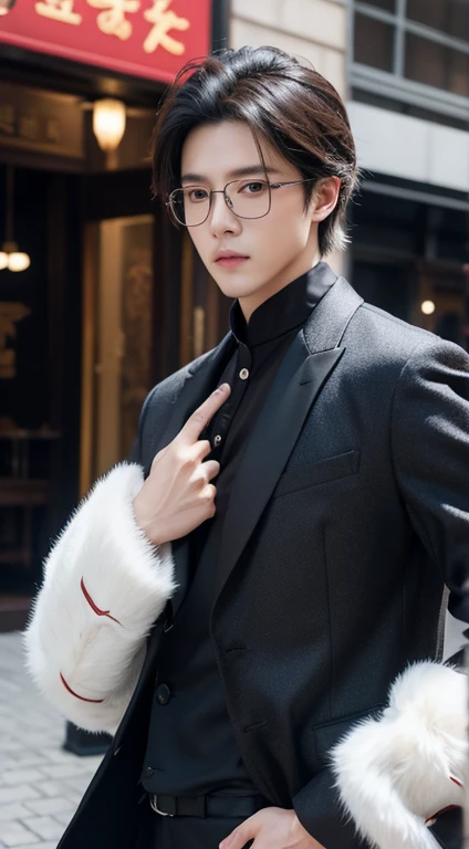 Handsome boys best quality, tmasterpiece, 超高分辨率, (realness: 1.3), RAW photogr, 1 boy, mature, black cloaths, Lively street,eye glass