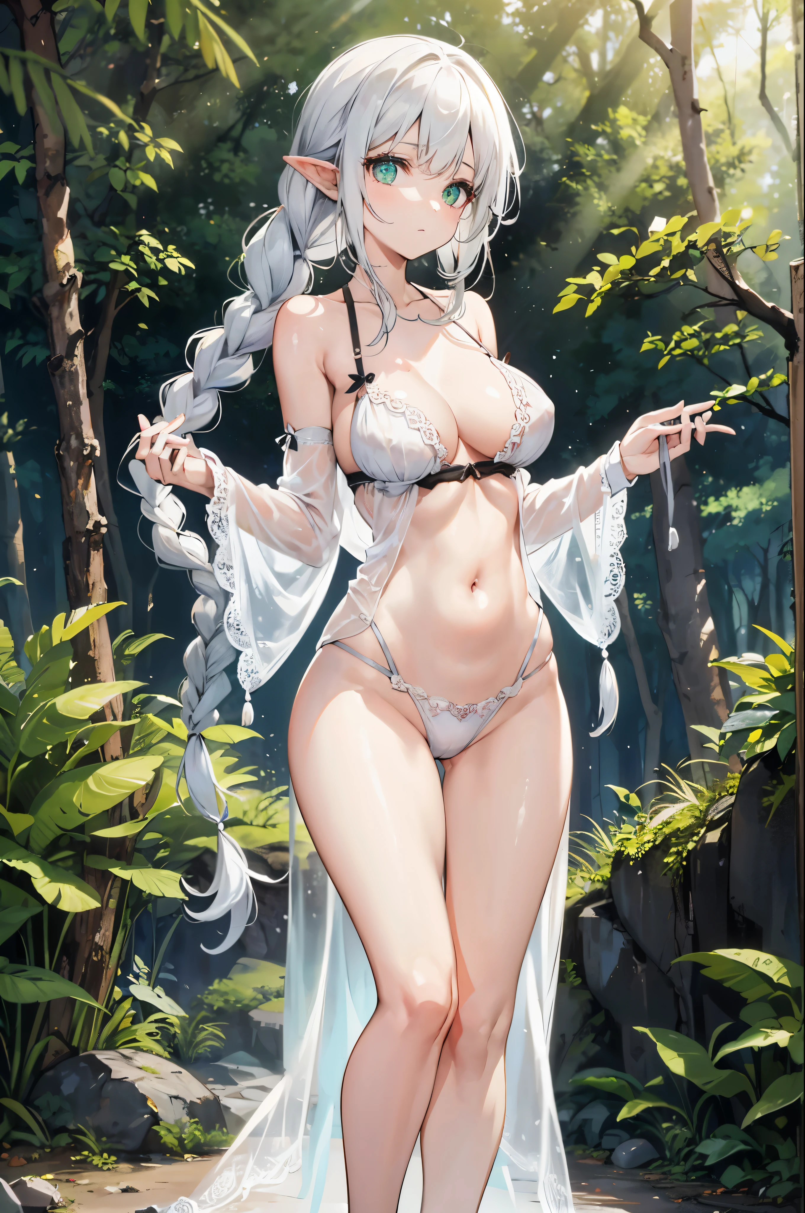 Fae girl, white hair, green eyes, eyeshadow, twin braids, white bikini, see through dress, skinny, narrow waist, flat stomach, long legs, posing in a forest, large breasts, fae, forest, thicc, lingerie, (fae:1.4), fae girl in a forest, dress, full body, thicc, (nightgown:1.4), leotard, fingerless gloves