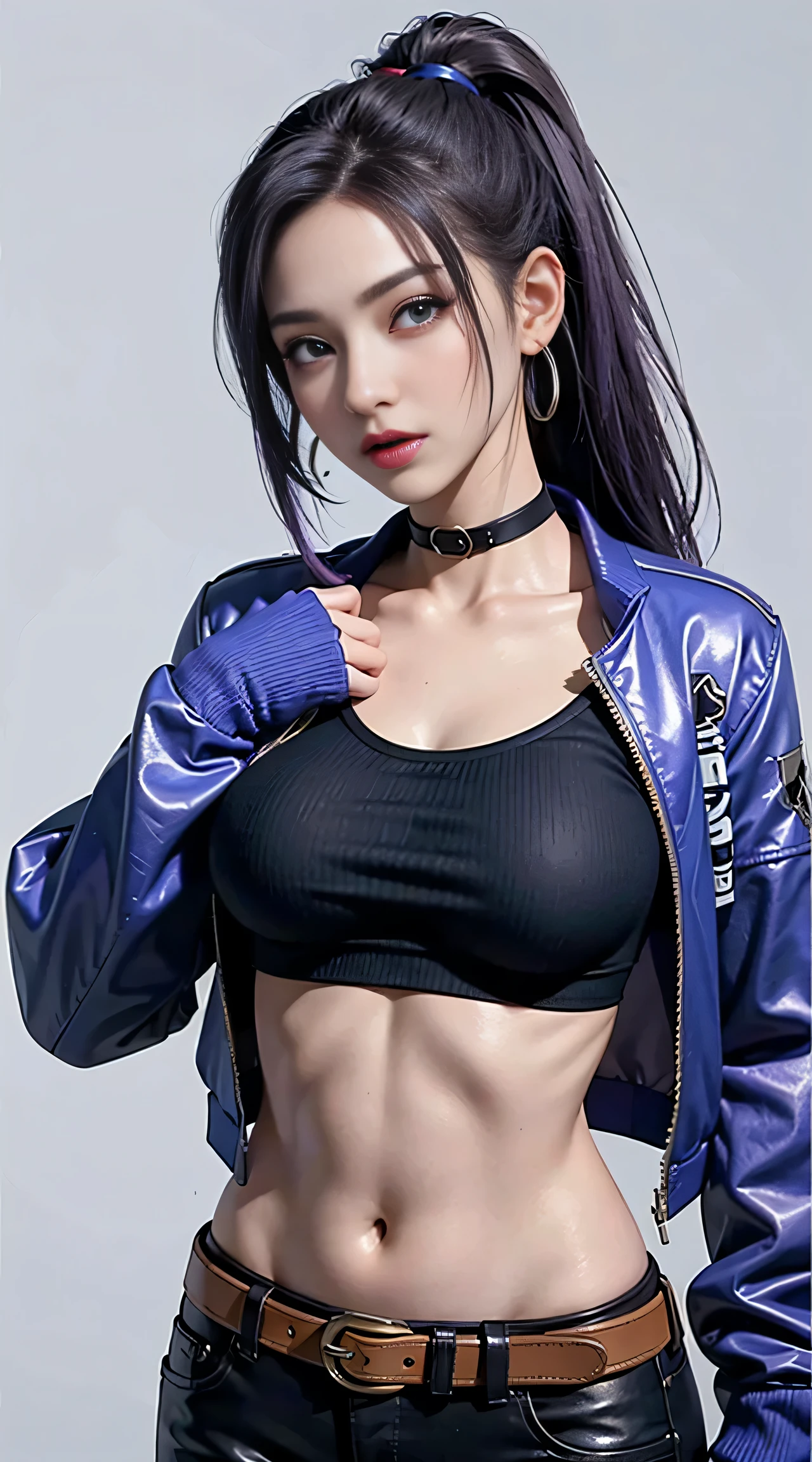 Photorealistic, high resolution, 1womanl, Solo, Hips up, view the viewer, (Detailed face), purple hair, SWAT vests, jewelry, battlefield outfit, purple outfit, bare stomach, battlefield looking, battlefield background, attractive pose,