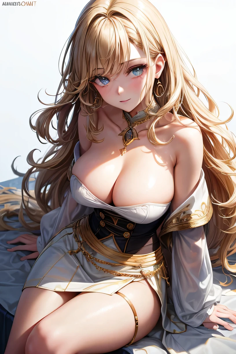 (best quality:1.5, highres, UHD, 4K, detailed lighting, shaders), gold wavy hair, gradient hair, large breasts, white shirt, skirt jeans, mature woman , (pov), white background, colorful eyeshadow, dramatic lighting, sparkling eyes, sensual expression, golden earrings, flowing hair, delicate facial features, soft skin, high cheekbones, urban setting, white background, sitting on a char with legs wide open),