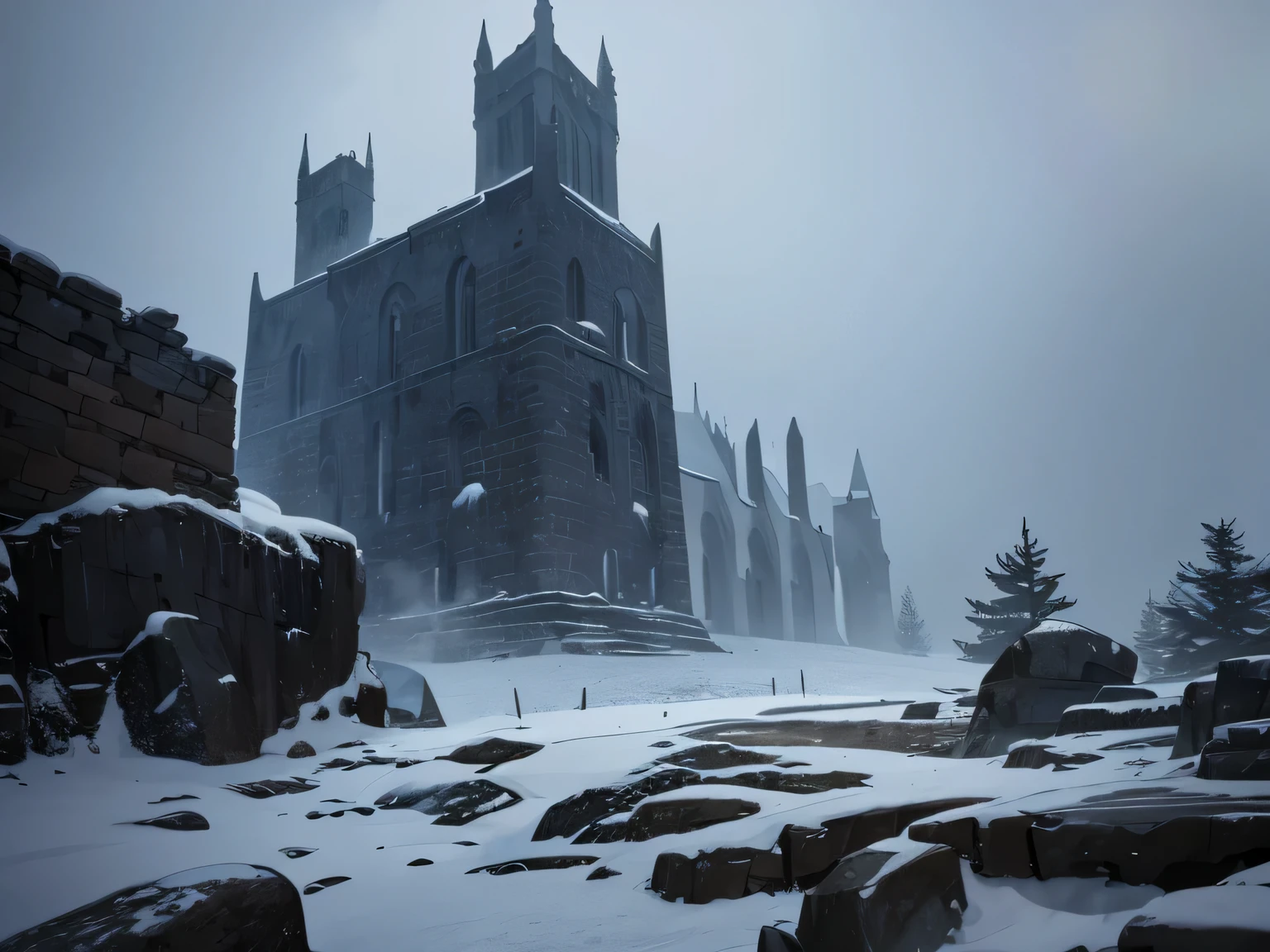 a high stone tower stands in a field, snowstorm, mist, on both sides of the rock, jour, ominous vibe