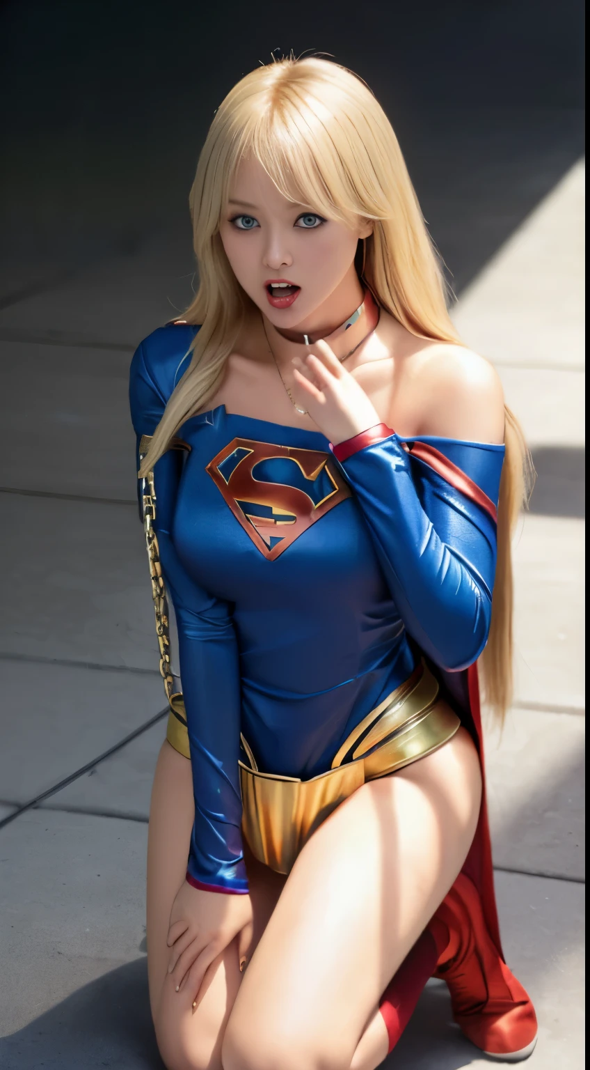 Beautuful Women,supergirl,((Frightened look)),shed tears,((Torn costume)),Blonde blue-eyed,(all-fours),crawling on hands and knees,Kneeling position,Posture with buttocks sticking out,((put out the tongue)),((Drooling)),Kamimei,(Chained collar), Cuffed,fetters, Photorealsitic,surrealism, F/1.2, 35 mm, Fuji Film, 8K, Super Detail, nffsw, masutepiece, ccurate, Anatomically correct, Textured skin, Super Detail, high details, High quality, Best Quality, hight resolution