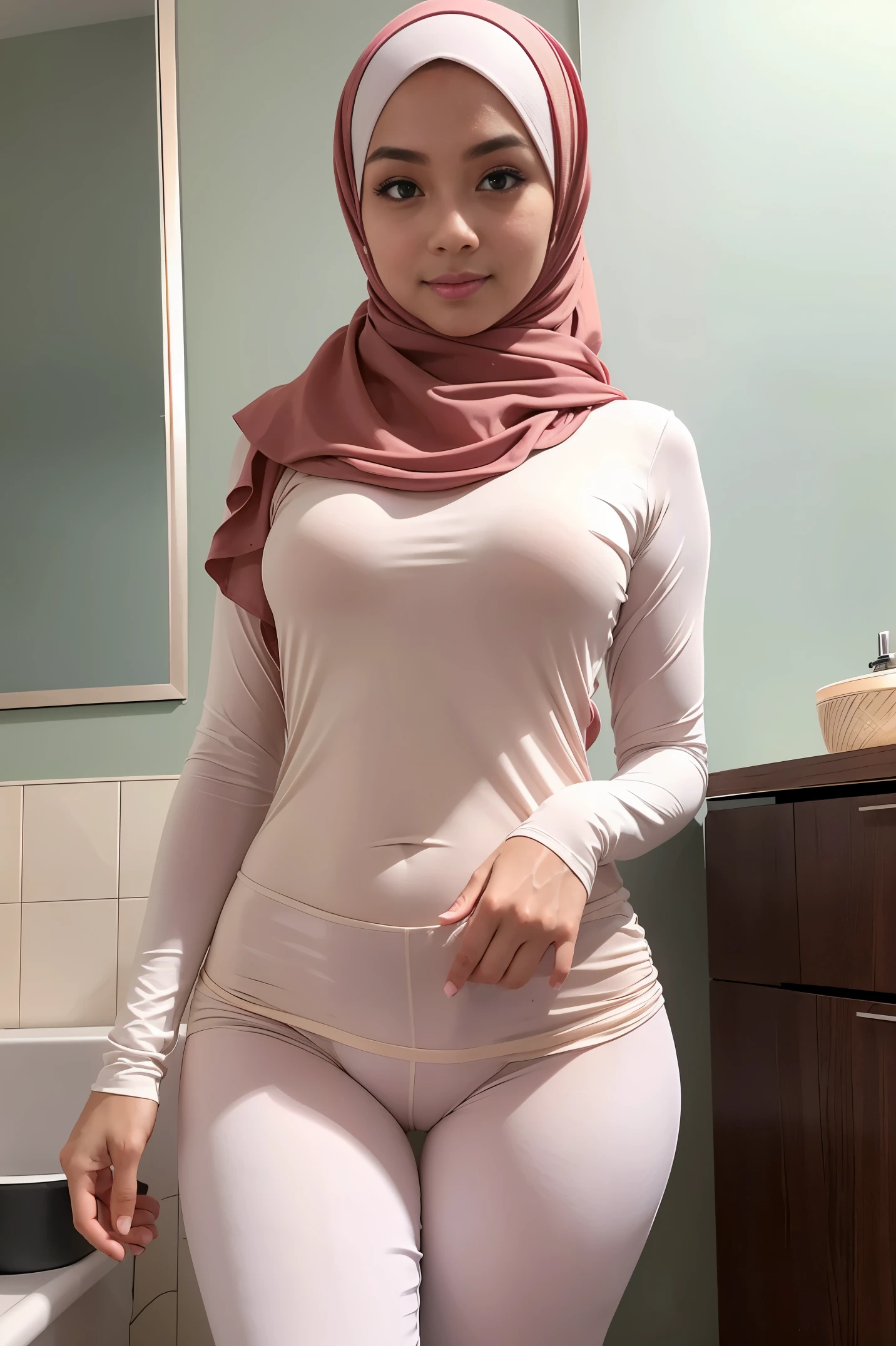 RAW, Best quality, high resolution, masterpiece: 1.8), beautiful Malay woman in hijab, Masterpiece, big gorgeous eyes, Soft smile, wear tight light pastel long sleeve shirt and light pastel tight legging,wet cameltoes,in changing room, Excellent lighting, Bright colors, Clean lines