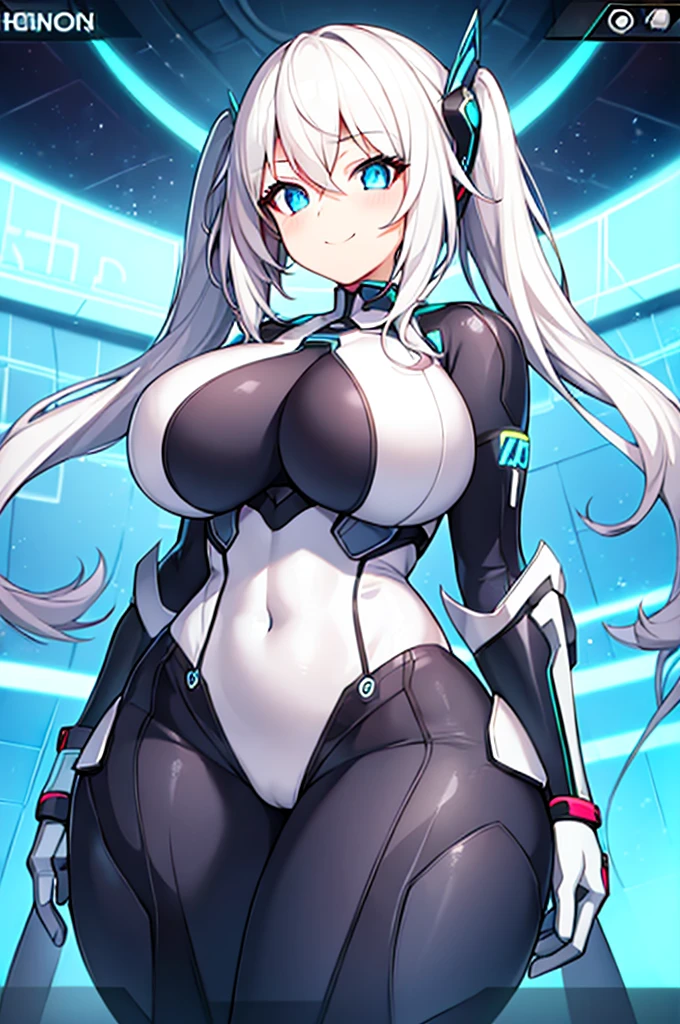 1girl, breasts, large breasts, wide hips, thick thighs, wide hips, light skin, bodysuit, white bodysuit, white hair, long hair, blue eyes, futuristic, science-fiction, tech, neon trim, neon, smile, ((anime screencap)), anime screencap, text, japanese text, white skin, blue neon trim, anime style, twintails