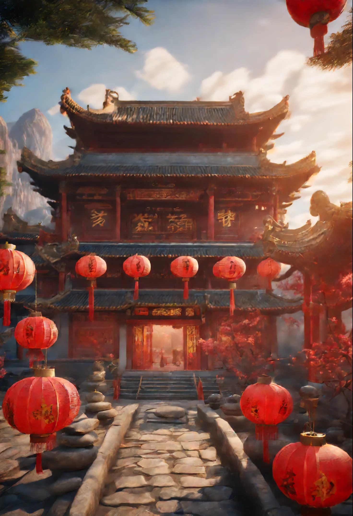 Ancient Chinese city,((natta))themoon,The house is filled with Chinese New Year decorations(((tmasterpiece))), ((Best quality)), ((intricately details)), ((hyper realisitc))(8K)