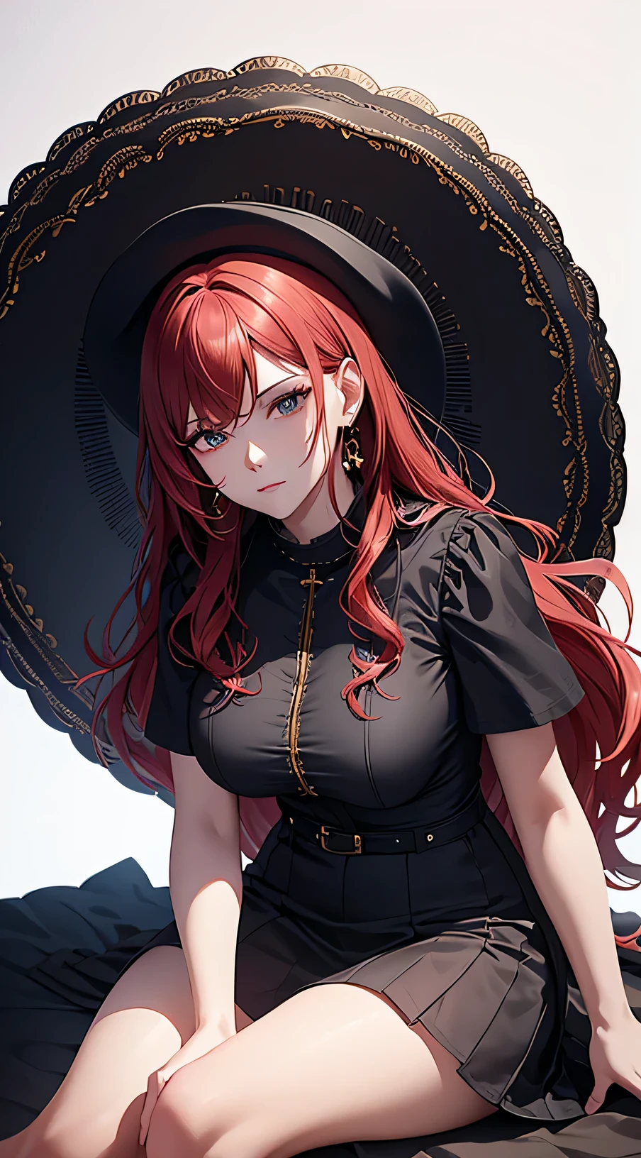 (best quality:1.5, highres, UHD, 4K, detailed lighting, shaders), red wavy hair, gradient hair, large breasts, black shirt, skirt jeans, mature woman , black Witcher hat, (pov), white background, colorful eyeshadow, dramatic lighting, sparkling eyepression, golden earrings, flowing hair, delicate facial features, soft skin, high cheekbones, setting, white background, sitting on a char with legs wide open),