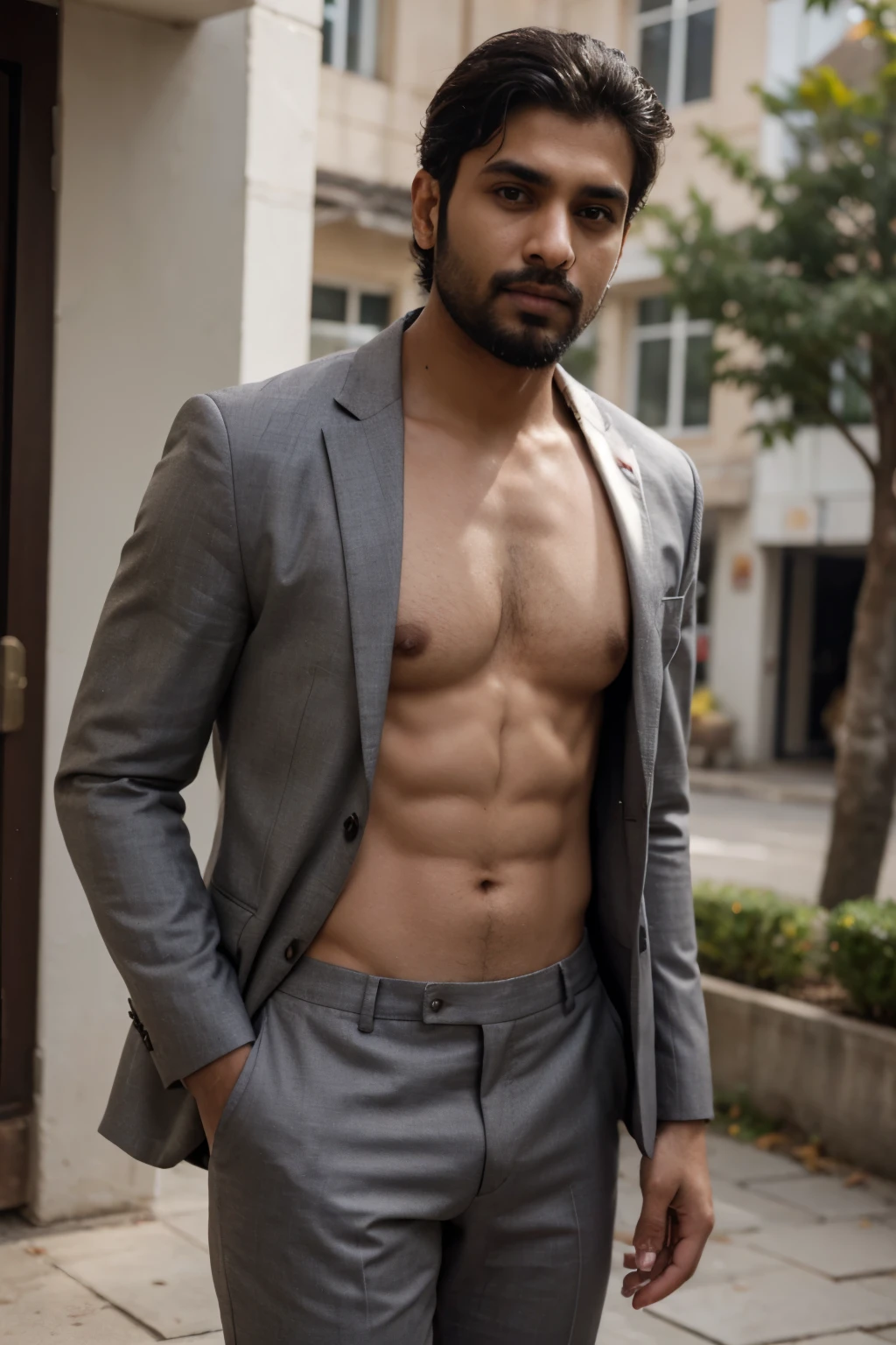 Desi man wearing a suit. No shirt. Beard.