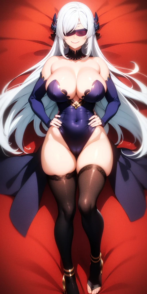 SFW, anime girl laying in bed with clothing cover her big chest, long white hair, seductive anime girl, white haired deity, anime woman fullbody art, perfect white haired girl, full body;, anime barbie in white stockings, white haired, full body picture, extremely detailed artgerm, black blindfolded, slave tatto on crotch, perfect illumination, smirking smile, red blush, hands on hips, metal sandals