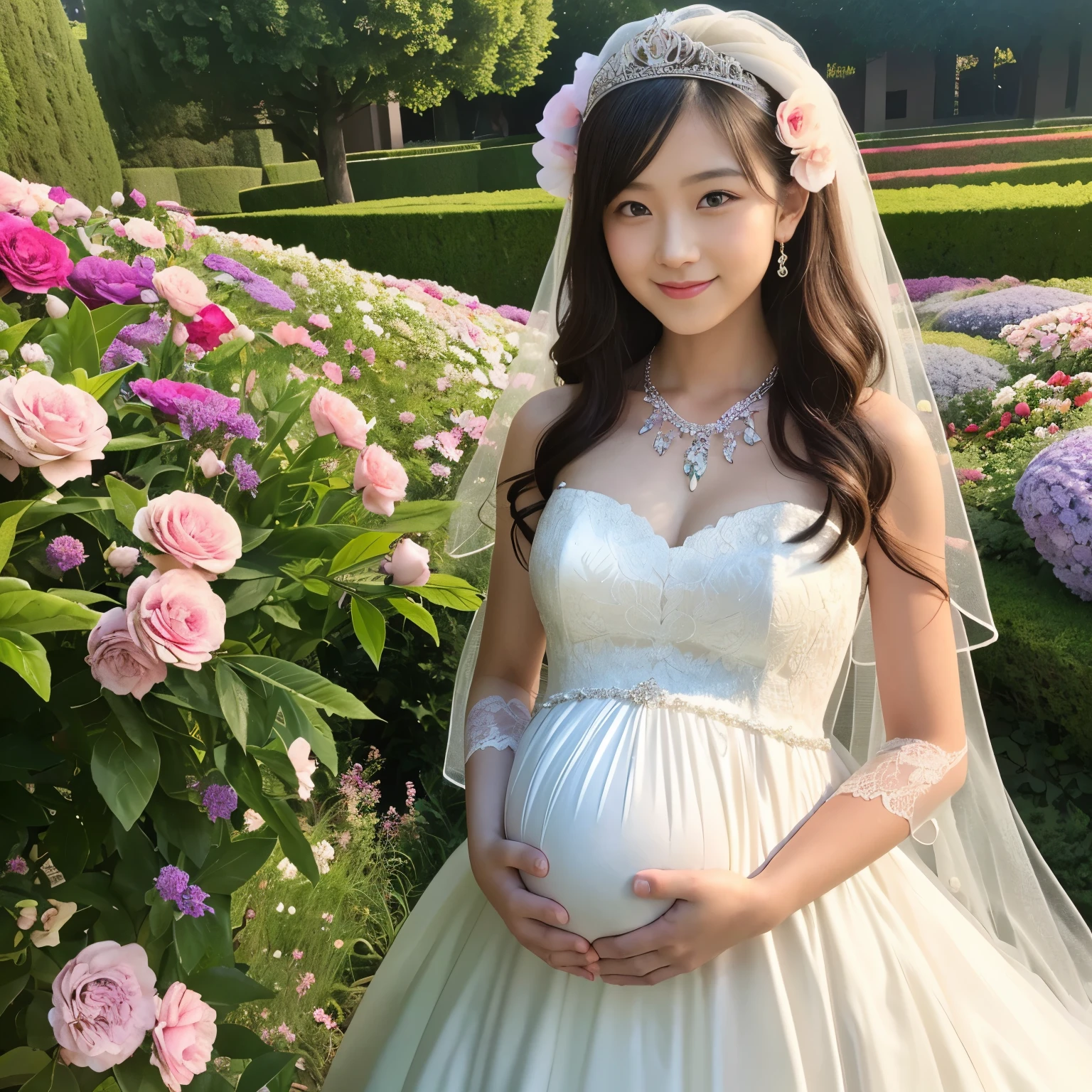 (masutepiece、top-quality、8K、Highly Detailed and Complex Detail、The most complex and detailed textures、Super High Detail)、(1 very  pregnant bride:1.3)、large full breasts、The most luxurious wedding dress、wedding lace、The finest giant tiara、Top quality giant necklace、the most luxurious and luxurious decoration、(surrounded by lots of flowers:1.2)、Bride in the castle flower garden、the most luxurious and romantic wedding、(huge flower gardenに立つ花嫁:1.2)、one giant fountain、huge flower garden、Exterior of the most luxurious and huge European castle in the background、The most detailed and intricate castle exterior、the most luxurious and huge castle、(Bride&#39;s upper body photo:1.2)、accurate anatomy、Very bright、(Beautiful skin:1.1)、the biggest smile when you look at me、(Background filled with flowers:1.2)