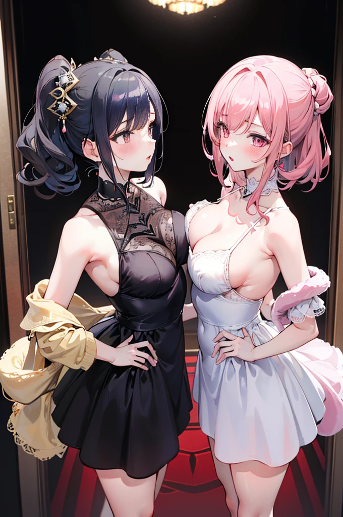 Perfect human body,Family of three,2 women,twincest,The daughter,Mature woman, (very highly detailed background,liveroom), 鎖骨,Small dress,((woman with fever)), ((perspired))), Colossal tits,Indecent expressionlush blush:1.2),Pubic hair shows through,Standing side by side,