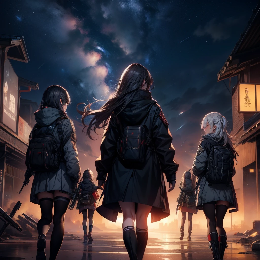 three girls and a boy are standing in front of a night sky, girls frontline universe, guweiz on pixiv artstation, girls frontline cg, 4 k manga wallpaper, artwork in the style of guweiz, best anime 4k konachan wallpaper, kantai collection style, guweiz on artstation pixiv, guweiz, girls frontline style