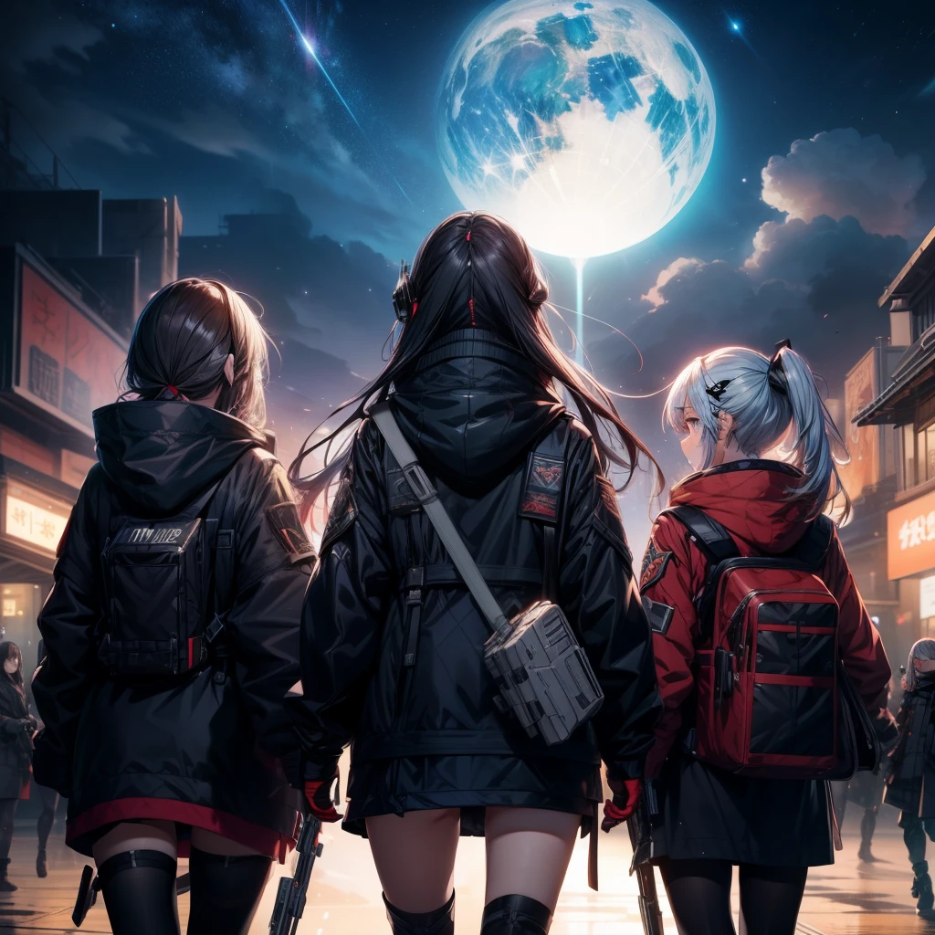 three girls and a boy are standing in front of a night sky, girls frontline universe, guweiz on pixiv artstation, girls frontline cg, 4 k manga wallpaper, artwork in the style of guweiz, best anime 4k konachan wallpaper, kantai collection style, guweiz on artstation pixiv, guweiz, girls frontline style