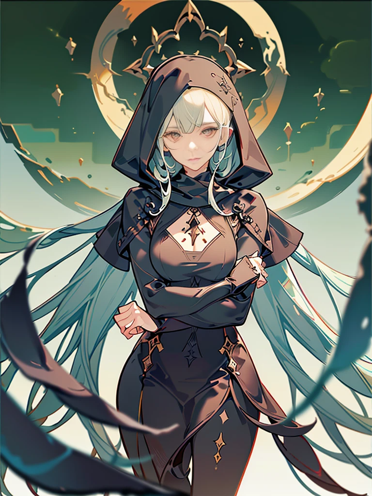 (absurdres, octane render, extremely detailed CG unity 8k, intricate, atmospheric, solo  :1.3), splash art, beauty adult woman, solo,  finely detailed eyes and detailed face, solo, upper body, detailed complex background,  (dark fantasy theme:1.1), (perfect ???????, perfect hands) ((character's jrpg portrait, face focus, dynamic pose, cinematic angle)),  dnd, dungeon and dragons, warlock,   dim lighting, dreamy, cursed aura,   tired ,smirking (detachment, indifference), hikikomori, russian witch who knows death, tarot hermit, (floating in the air), hunched over ((oversize layered clothes, shawl, a scarf over hair, ,(a cloth covering the head, scarf-covered hair, :1.3) blonde hair, fluffy shaggy hair, cape, large modest clothes)) (large hood), feeble thin witch, wild witch from the jungle,horror vibes, creepy girl, nightmare vibes, sorrow, apathy, night jungle forest, high-set eyebrows,  night jungle forest, ancient ruined sanctuary in the background, dense fog, backwoods,, frightening charm, weird, windy, wrapped in clothes, bewitching, otherworldly, an antagonist, human, Poor old clothes, fantasy bum, shaman, ascetic, unsociable, bags under the eyes, immortal,Occultism, the cultist,   style by NTY,WitchcraftPunkAI,frightening relaxation) holding straight wood staff, hug pose, covered chest, closed baggy clothes, athmospheric,  ((black lips,  )) black veins around the mouth, narrow long lips, red color of the iris, large scarf, Witches from Resident Evil Village, Dimitrescu Daughters, darkest background, swirls and hallucinations in the background,beige and brown shades of clothing, azur lane portrait style