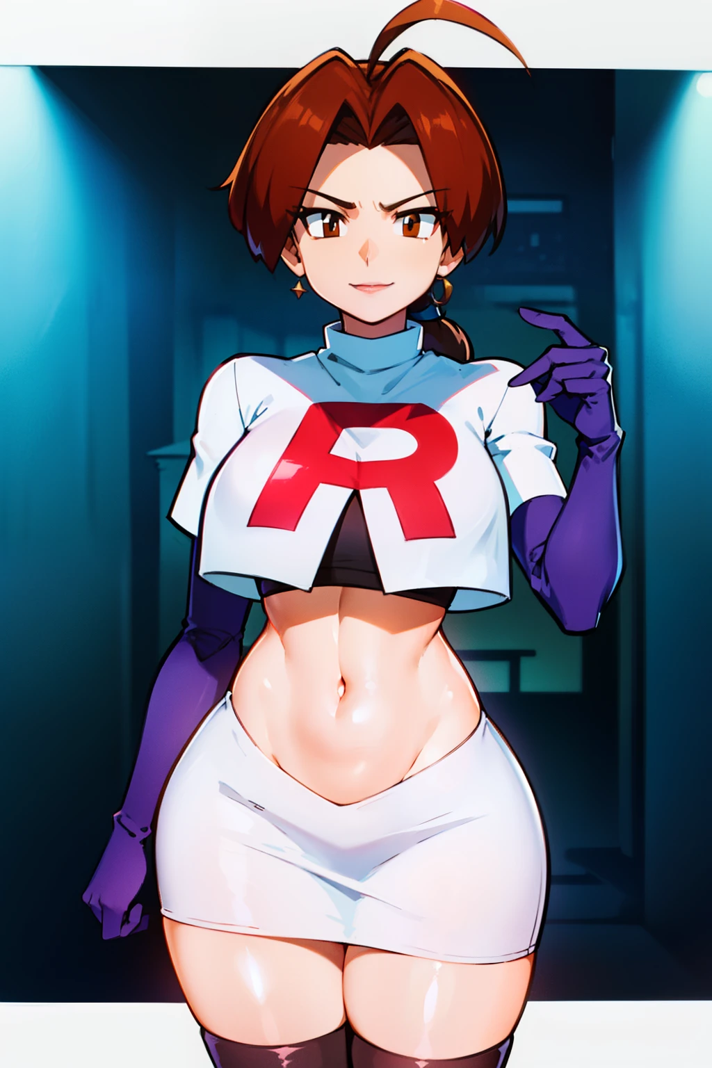 deliaketchum, round eyes ,brown hair, (brown eyes:1.7), parted bangs, (ahoge:1.5), ponytail, low ponytail, glossy lips, light makeup, eye shadow, earrings ,team rocket,team rocket uniform, red letter R, white skirt,white crop top,black thigh-high boots, black elbow gloves, evil smile, sexy poses