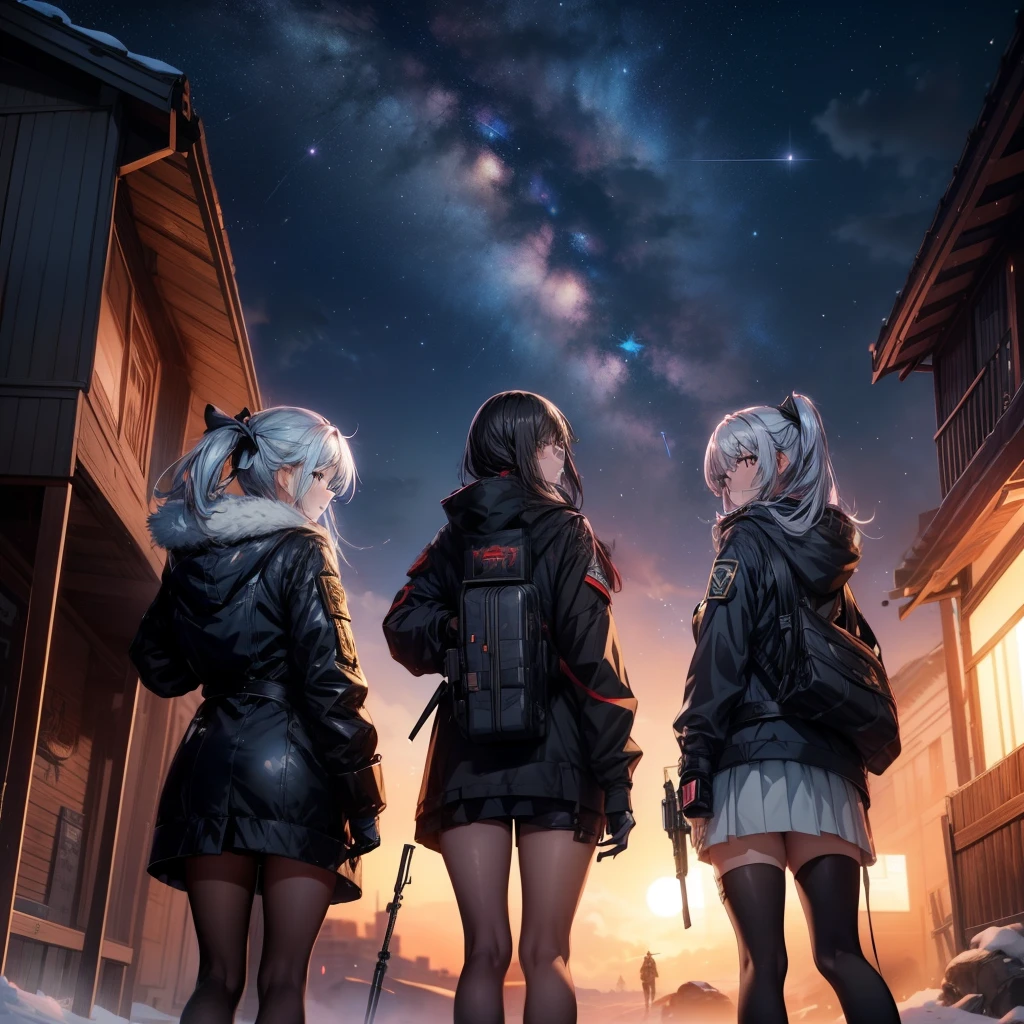 three girls and a boy are standing in front of a night sky, girls frontline universe, guweiz on pixiv artstation, girls frontline cg, 4 k manga wallpaper, artwork in the style of guweiz, best anime 4k konachan wallpaper, kantai collection style, guweiz on artstation pixiv, guweiz, girls frontline style