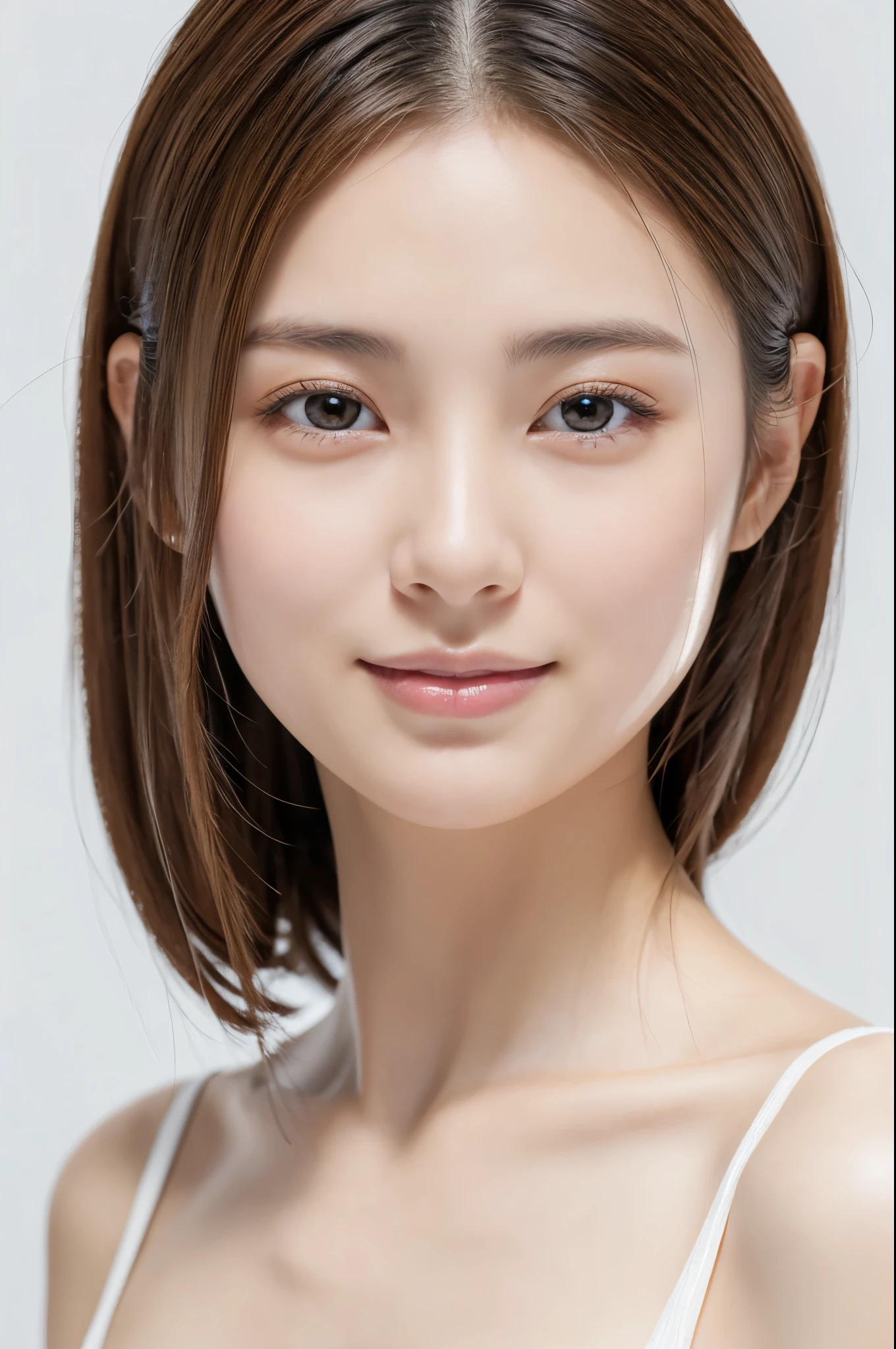 Young japanese lady, 30s, White background, It features a simple背景, white-brown hair, slender, 4K, in 8K, High quality, Beauty, Beautiful eyes, It features a simple, High resolution,1 person,Beautiful skins,Beautiful skin,A slight smil