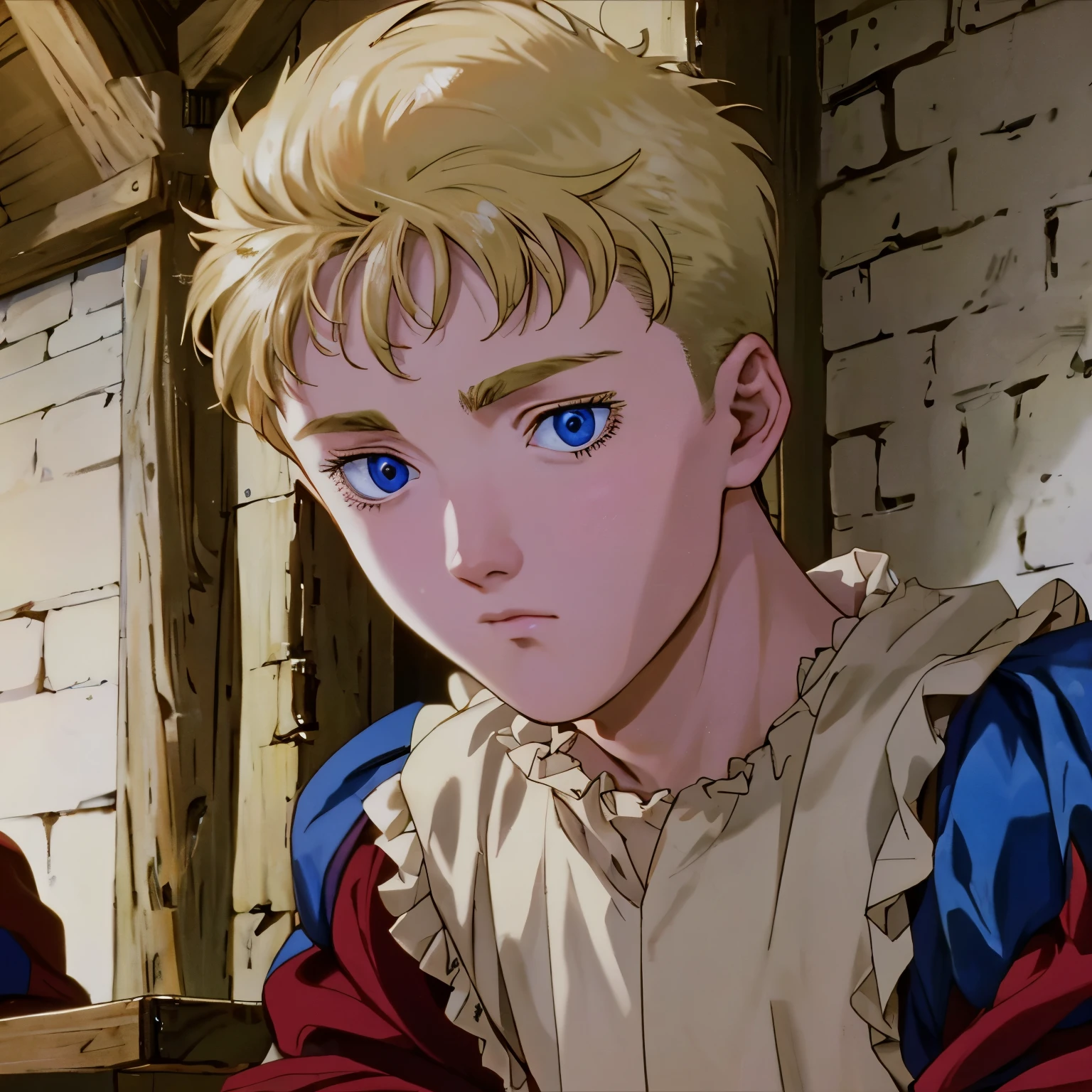 A ager man with short ash blonde hair and blue eyes, in a tavern, portrait HD