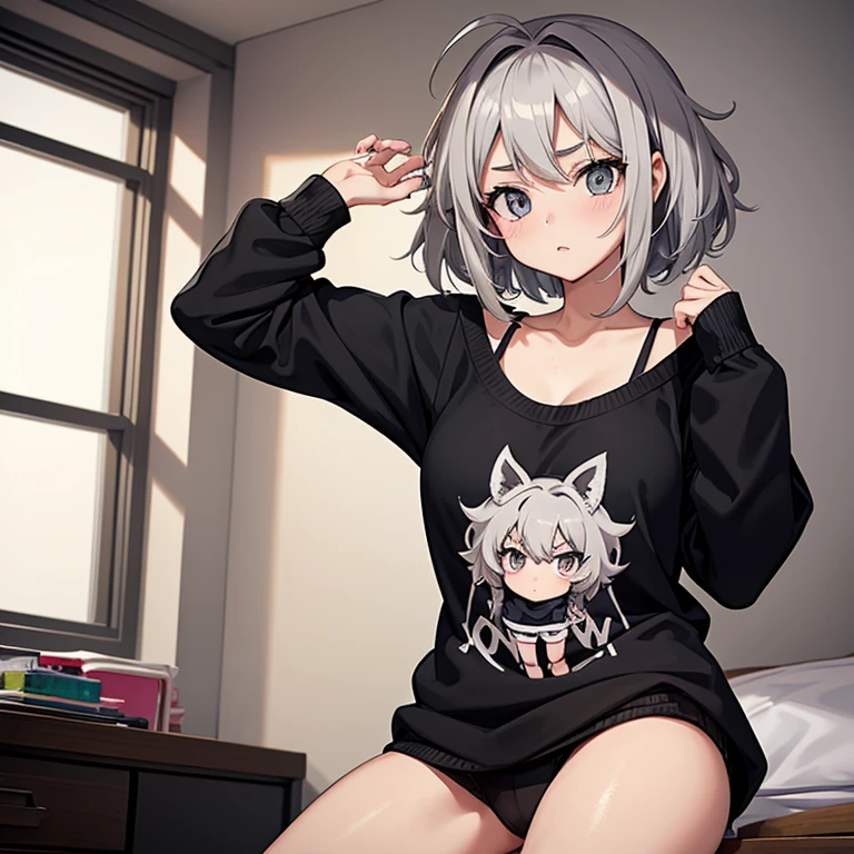 Anime style image of a girl with short gray messy hair is in her room and is only wearing a black sweater. Ojos bien detallados la mejor calidad