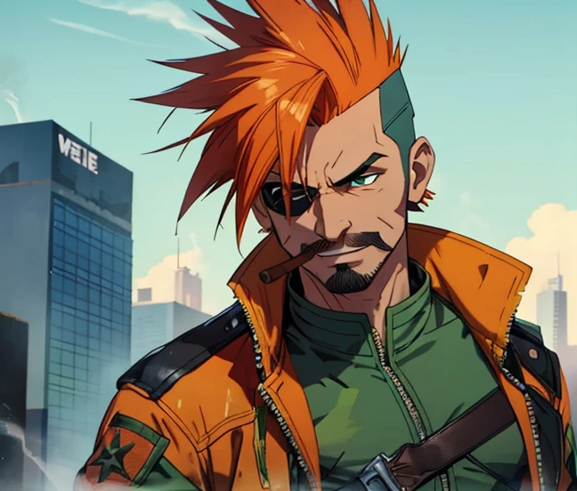 Male, rebel, Australian, (orange Mohawk), (green torn jacket with lots of pockets), wields handguns, arrogant smile, (black facial hair), smoking a cigar in his mouth.