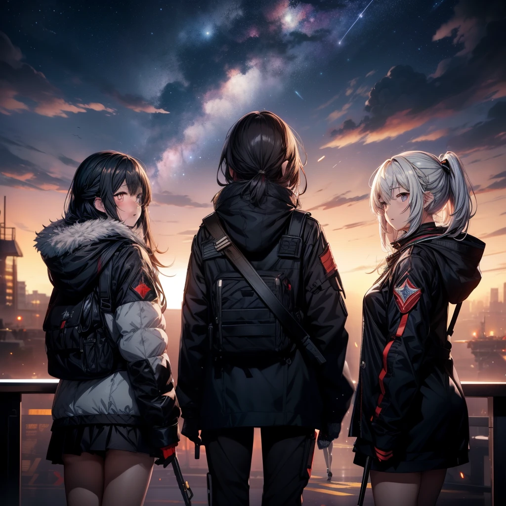 three girls and a boy are standing in front of a night sky, girls frontline universe, guweiz on pixiv artstation, girls frontline cg, 4 k manga wallpaper, artwork in the style of guweiz, best anime 4k konachan wallpaper, kantai collection style, guweiz on artstation pixiv, guweiz, girls frontline style