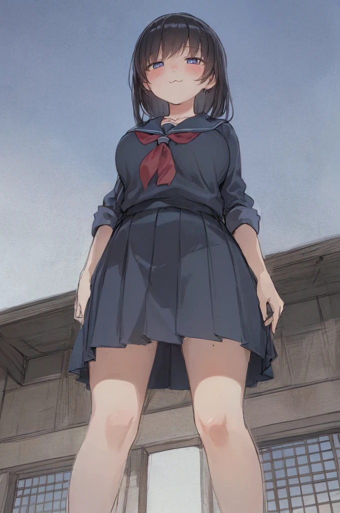 (giantess foreshortening: 1.2), (a girl in front of the shoes of a giantess:1.1), (a minigirl at the shoes of a giantess: 1.1), (school uniform:1.1), (2girls:1.5), (height_difference:1.7), (size_difference:1.5), minigirl, (multiple girls: 1.4), (giantess:1.2), (foreshortening: 1.1), large breasts, (tall girl: 1.1), cleavage, very detailed, beautiful, professionally drawn, (huge breasts), (cleavage sweat), (anime drawing:1.1), sketch, (anime:1.1), (very cute anime girl), (bright), (low contrast), collarbone, (prettiest age girl), (mature face: 1.4), (tall girl with big breasts: 1.2), (smug smile), (rear view girl: 1.5), (giant shadow: 1.1)